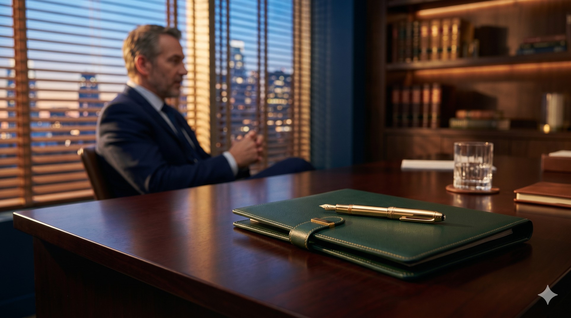   A gold fountain pen on a leather portfolio representing the management of tax-saving charity funds in a corporate office. 