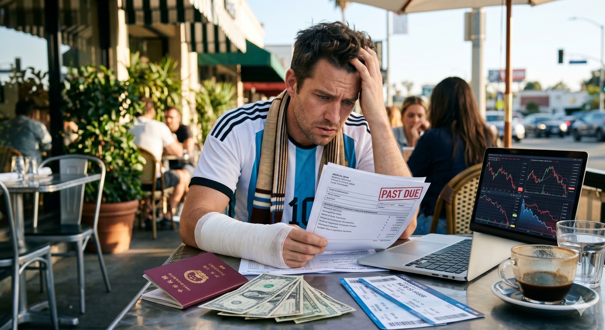   A stressed foreign visitor realizing the need for travel medical insurance US tourists require after a World Cup medical emergency.

 