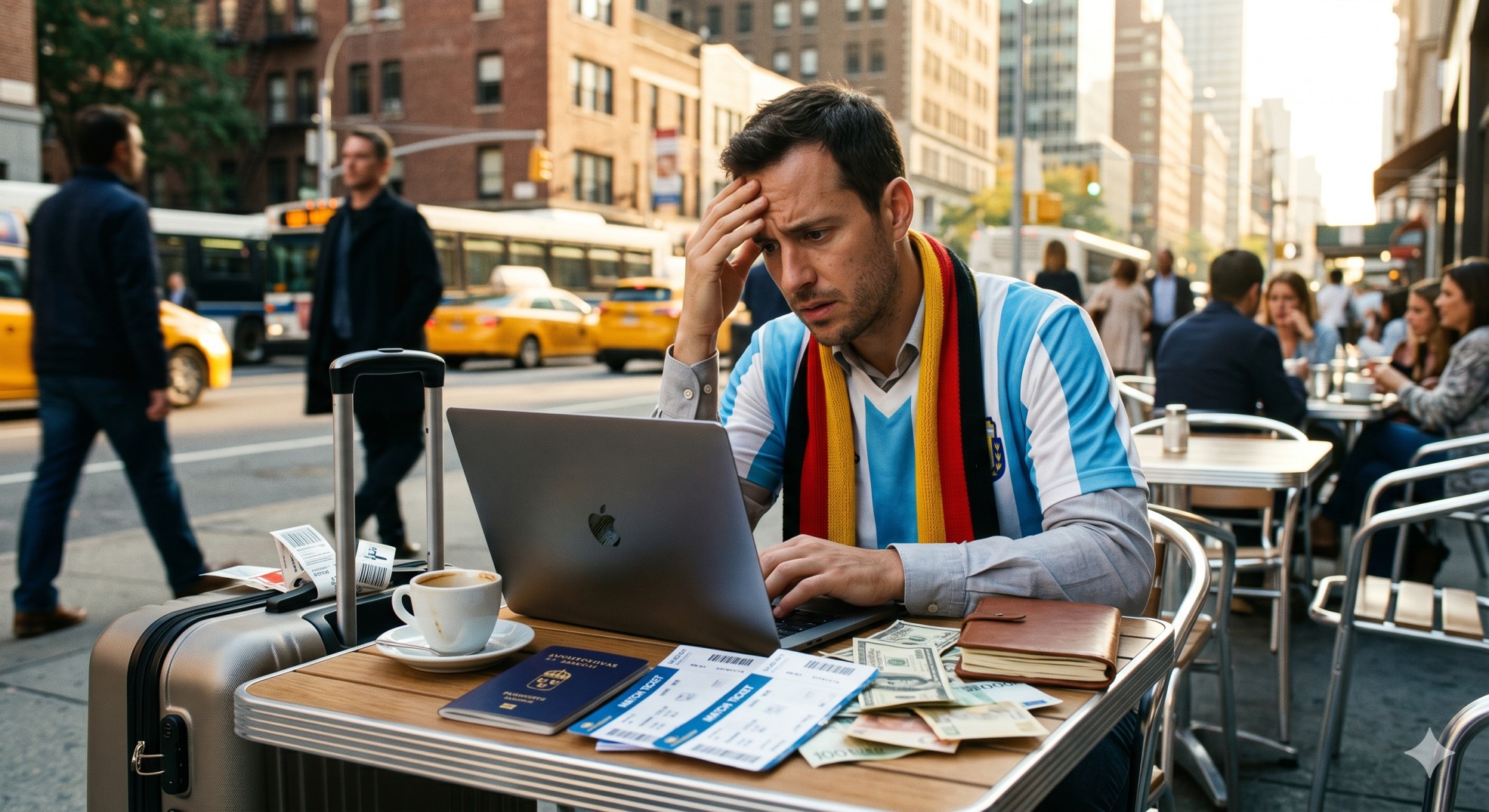   A foreign tourist learning about trip cancellation insurance World Cup policies to protect their financial investment. 
