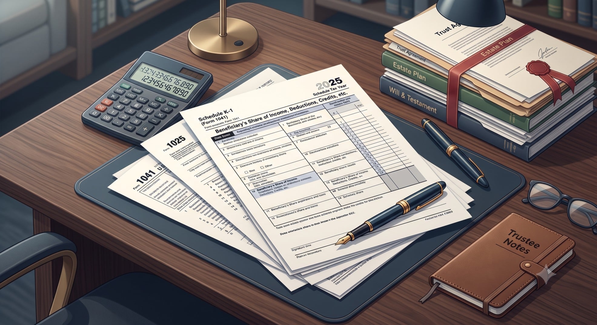 A detailed illustration of tax forms, a calculator, and a pen, symbolizing complex financial planning for Trust Estate K-1s 2025.