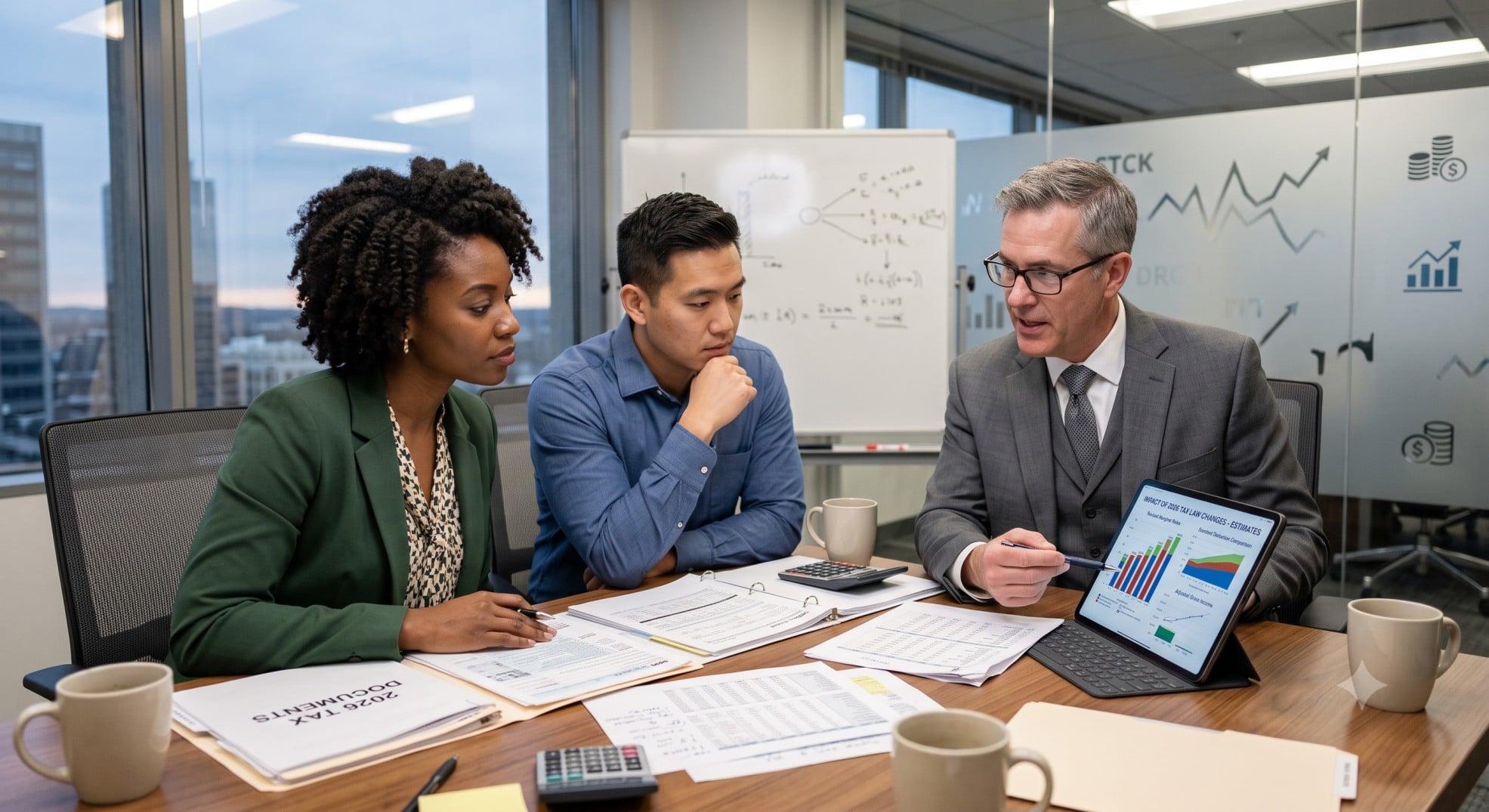 A diverse group of people reviewing complex tax documents and a tablet displaying charts, with a focused expression on 2026 tax law changes