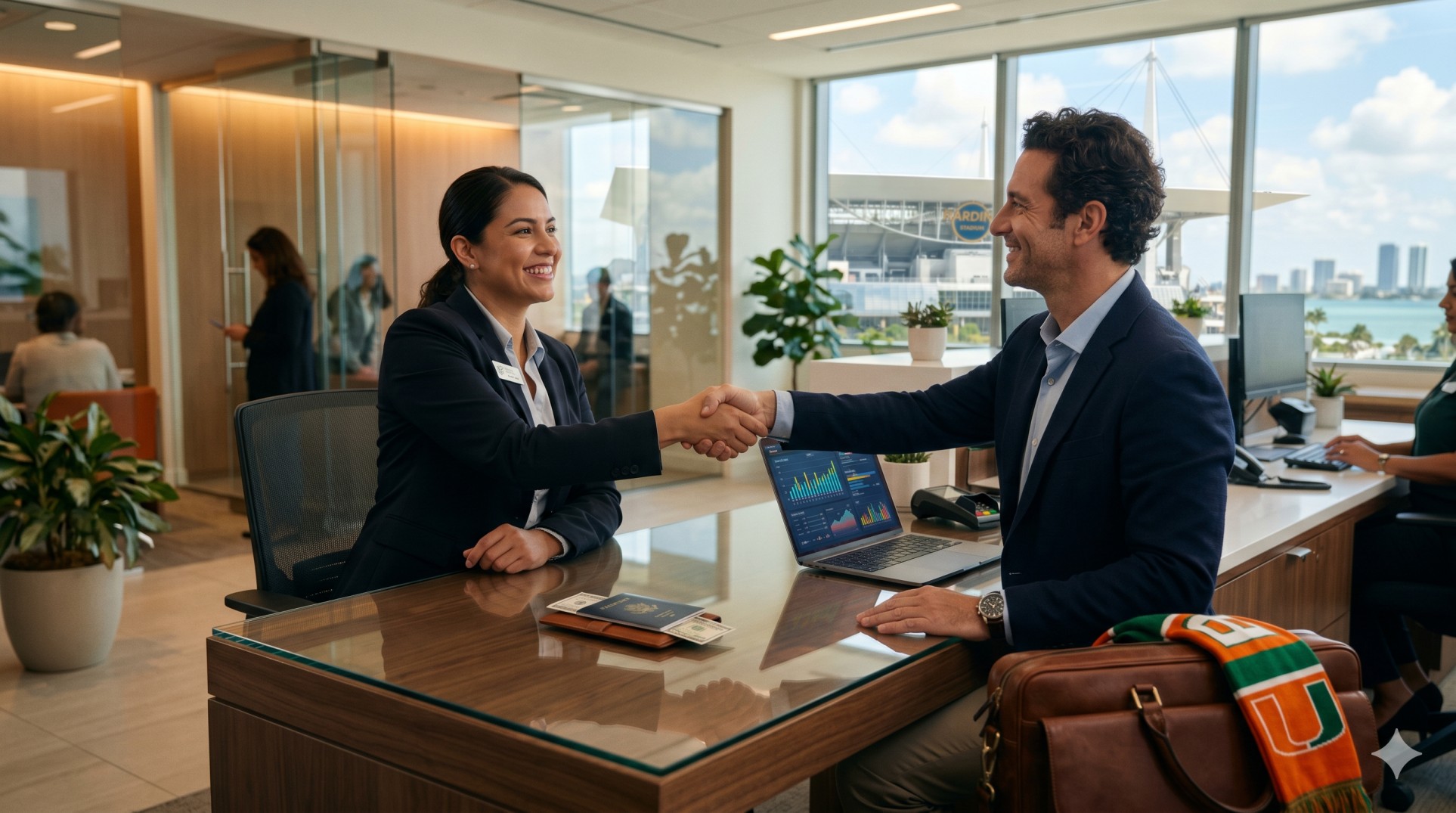   A foreign business traveler learning about the US bank account tax for foreigners at a bank in Miami. 