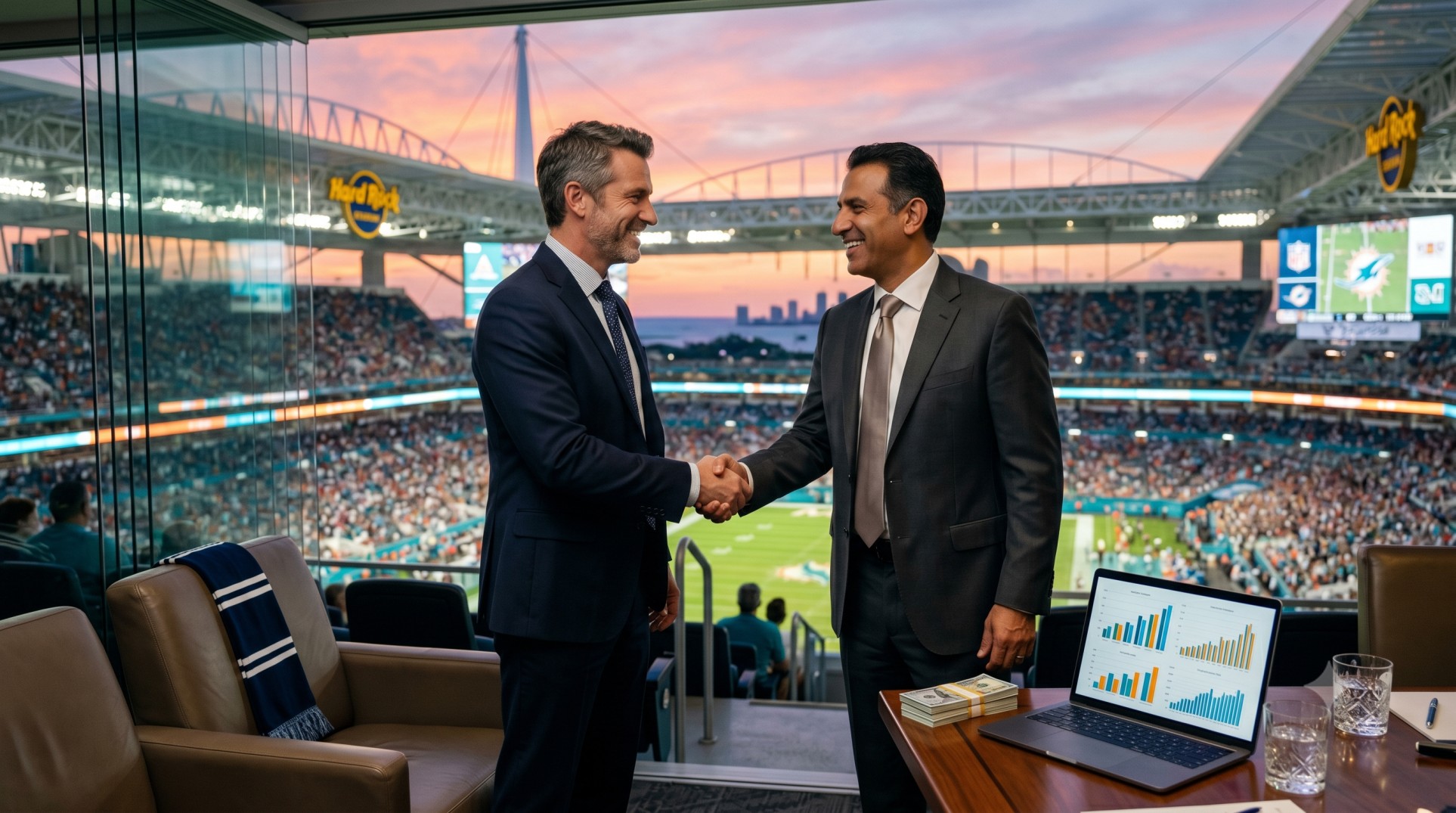   Two foreign business executives reviewing a US business entertainment tax deduction guide at a World Cup stadium. 