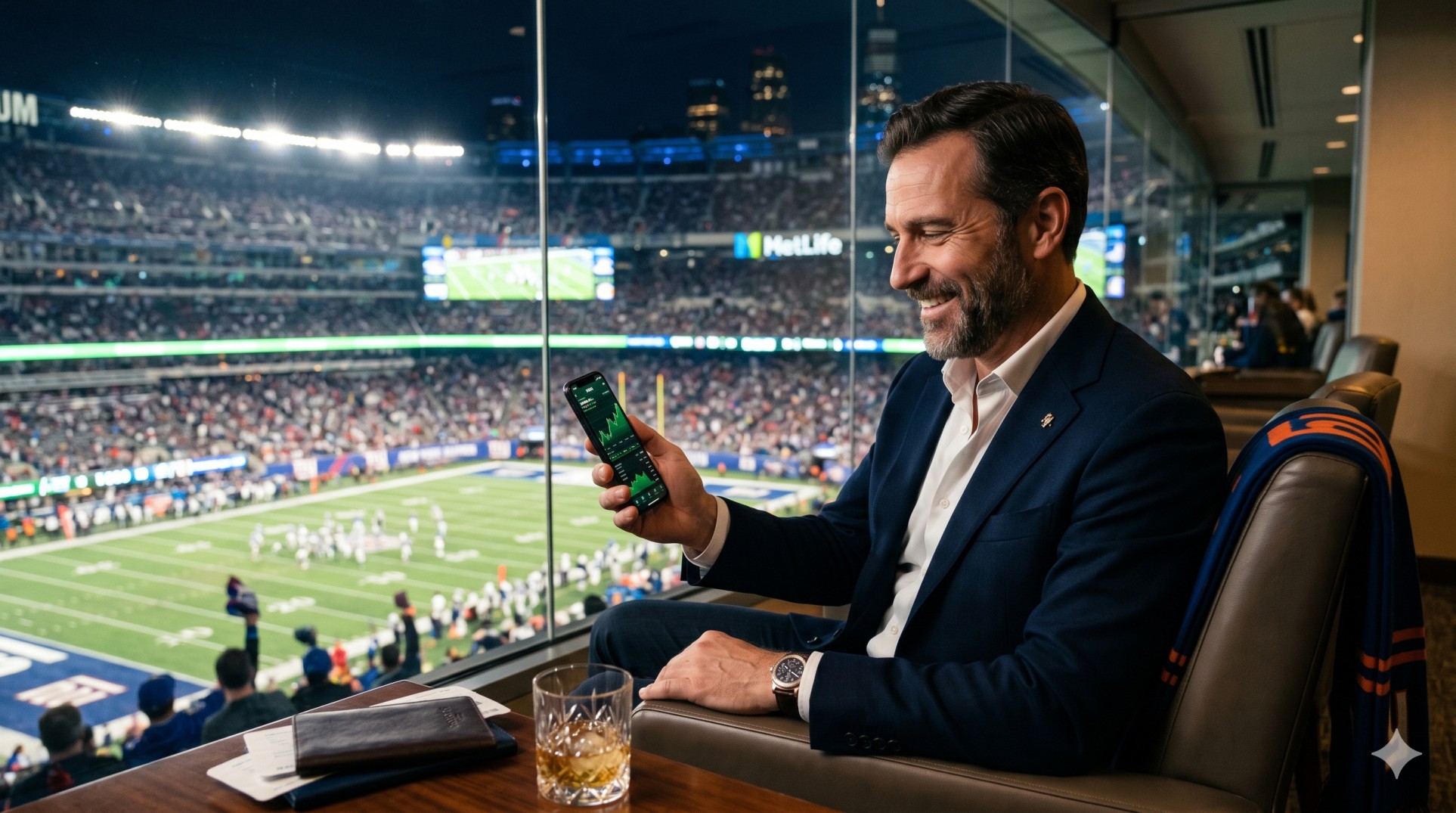   A wealthy fan learning about the US capital gains tax for foreign investors at a stadium. 