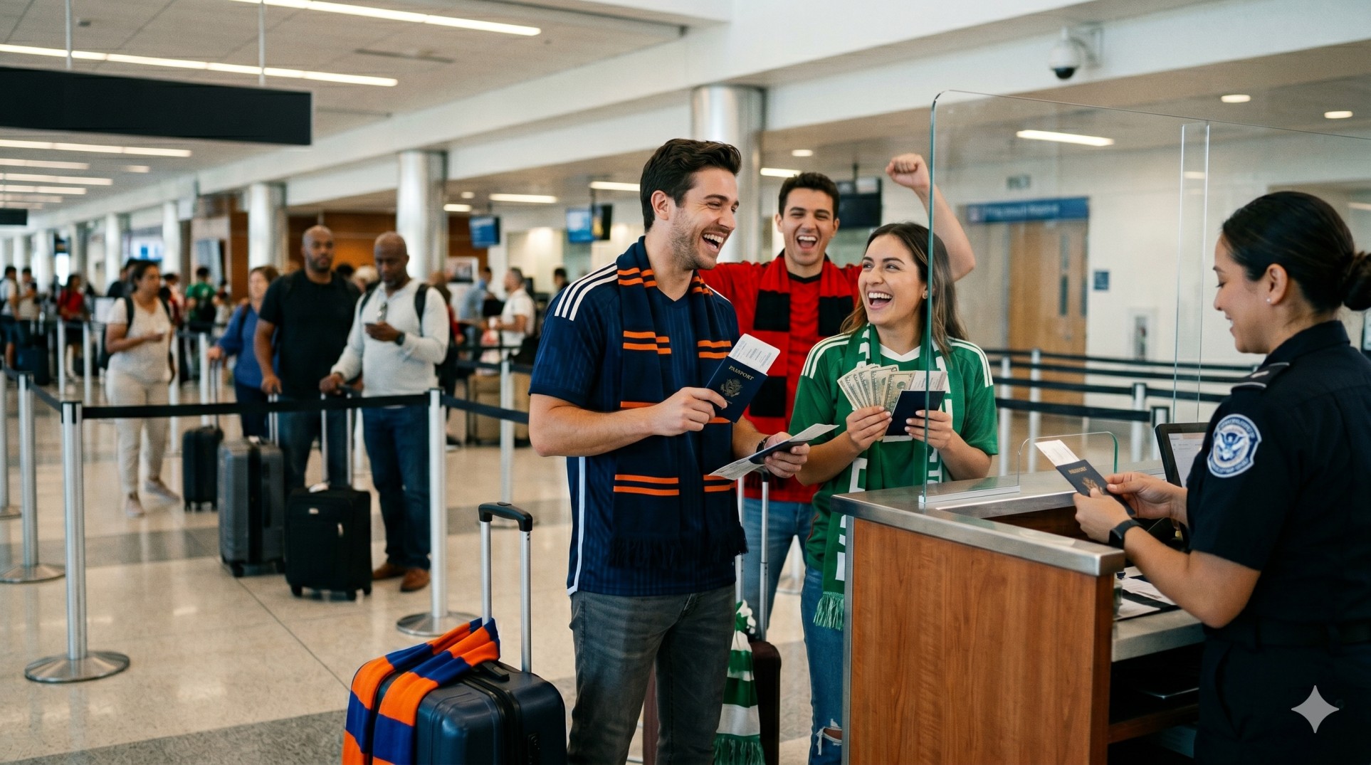  A foreign tourist checking their US customs allowance while organizing passports and cash at the airport. 