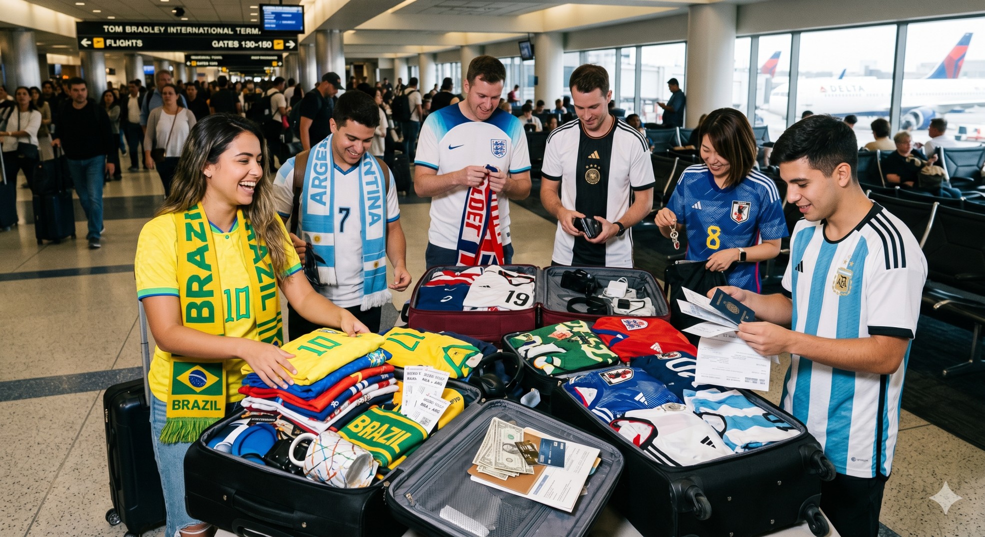   A group of international tourists checking their US customs duty free allowance at the airport after the World Cup. 