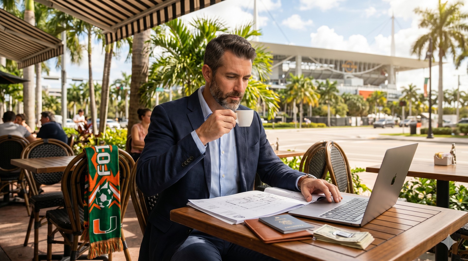   A wealthy business traveler learning about US real estate tax for foreign investors at a Miami cafe. 