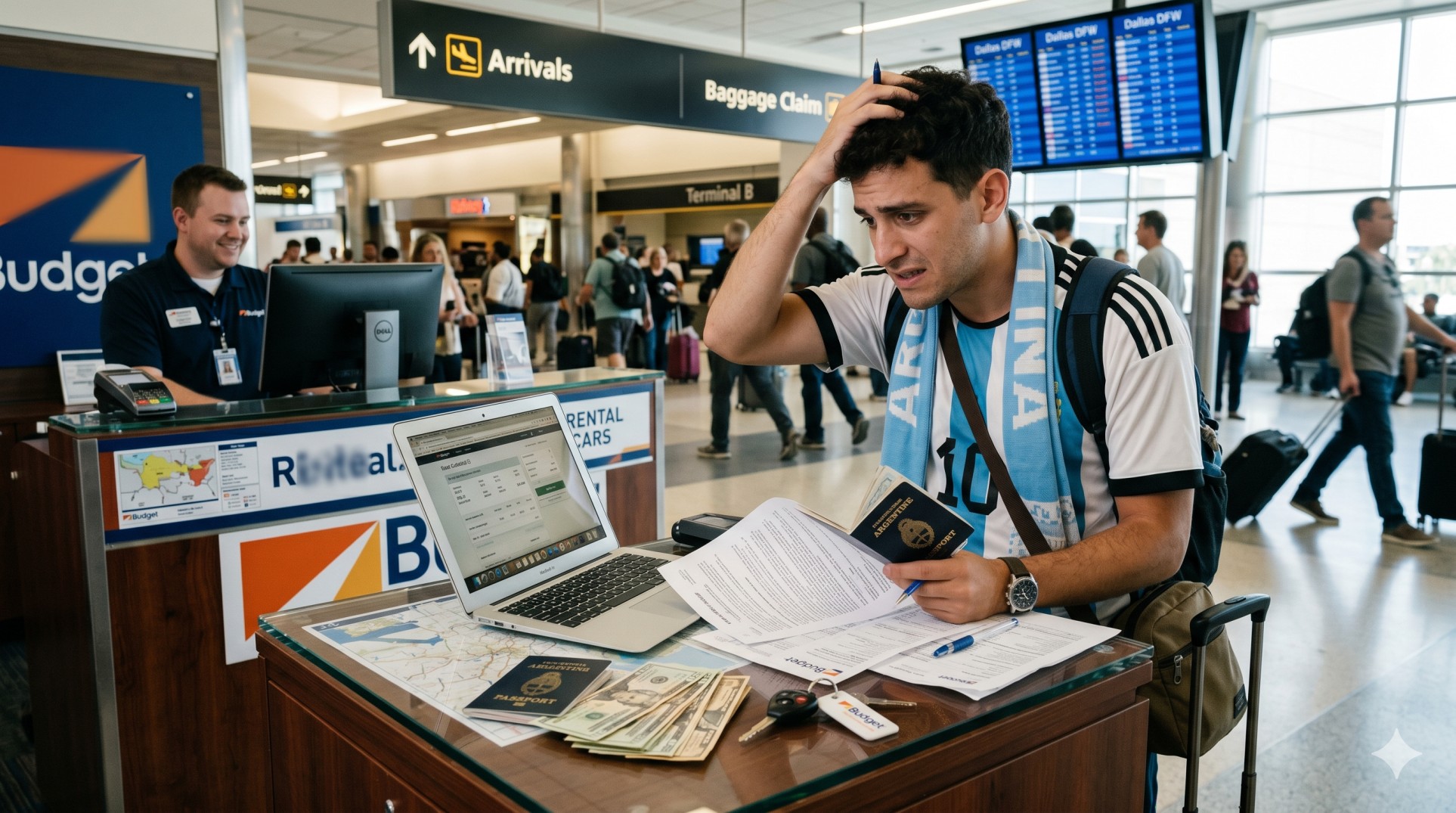   A group of international fans learning about US rental car insurance for tourists before driving to a World Cup match. 