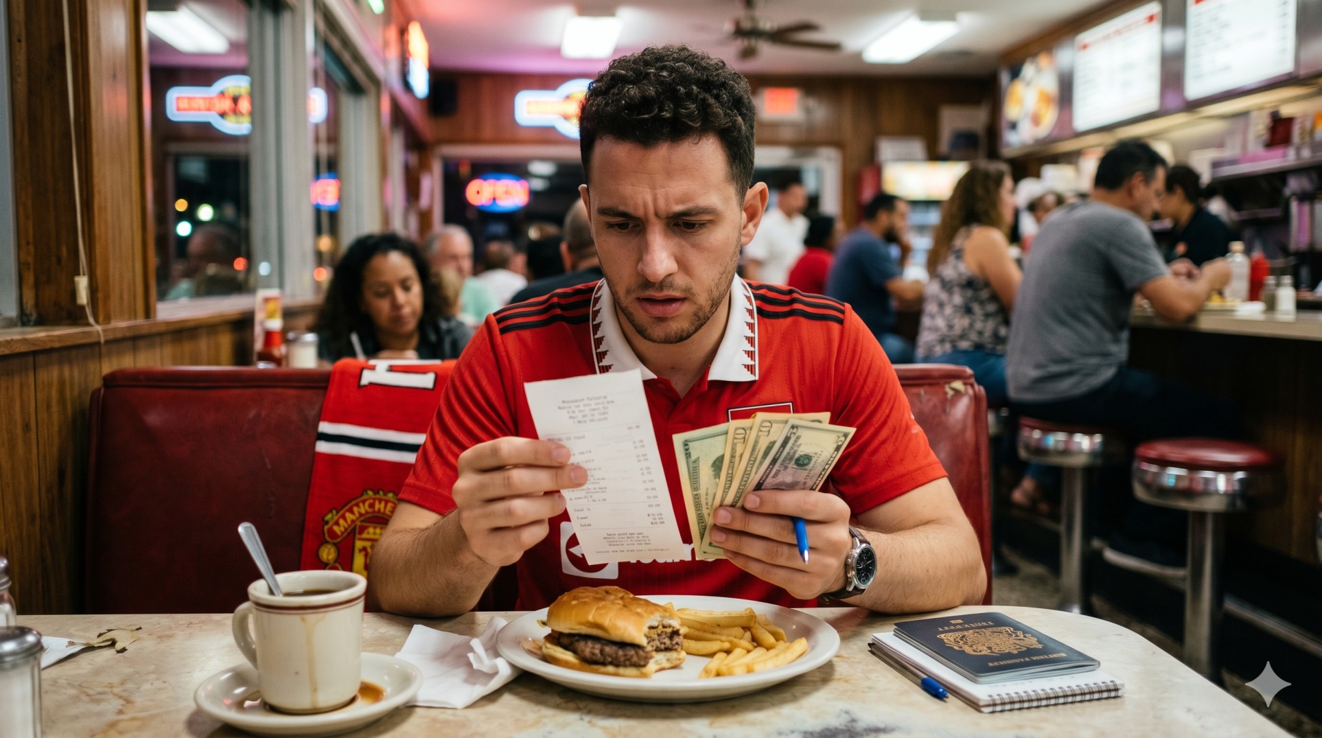   Foreign tourists learning about US restaurant tax and tipping while looking at a receipt and US currency. 