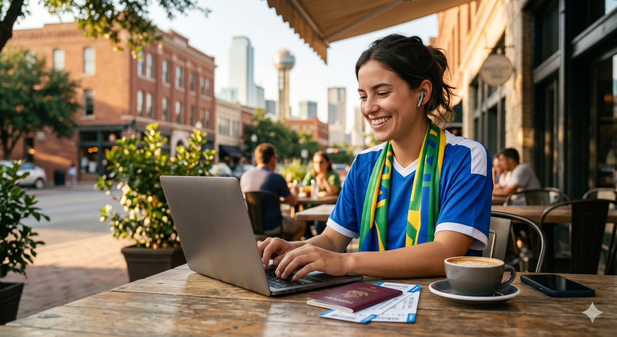   A foreign digital nomad enjoying US tax treaty remote work benefits at a cafe during the World Cup. 