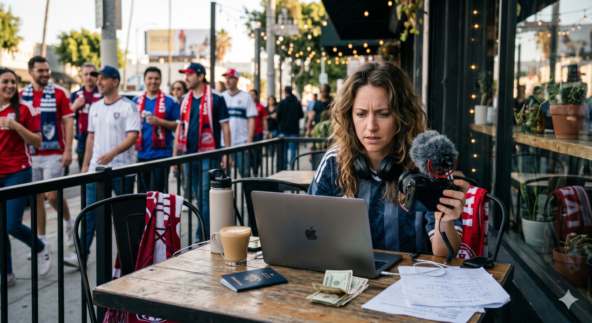   A foreign content creator filming a vlog to understand US taxes for foreign influencers during the World Cup. 