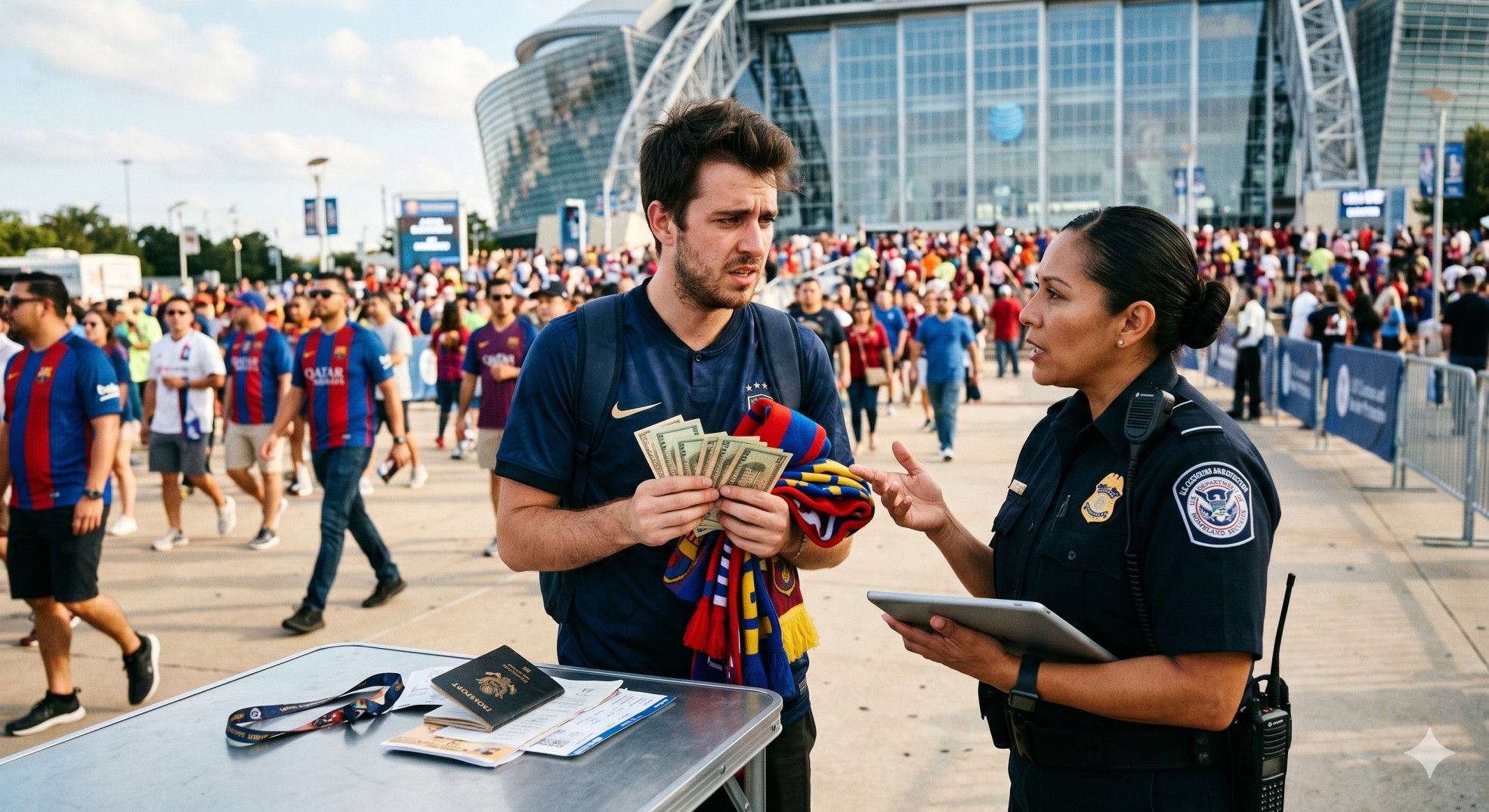   A foreign fan learning the severe risks of working on a tourist visa USA while holding cash and merchandise. 