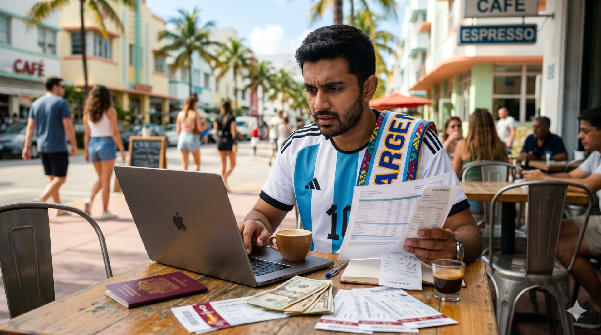   An international football fan working remotely in the US at a sunny cafe during the 2026 World Cup. 