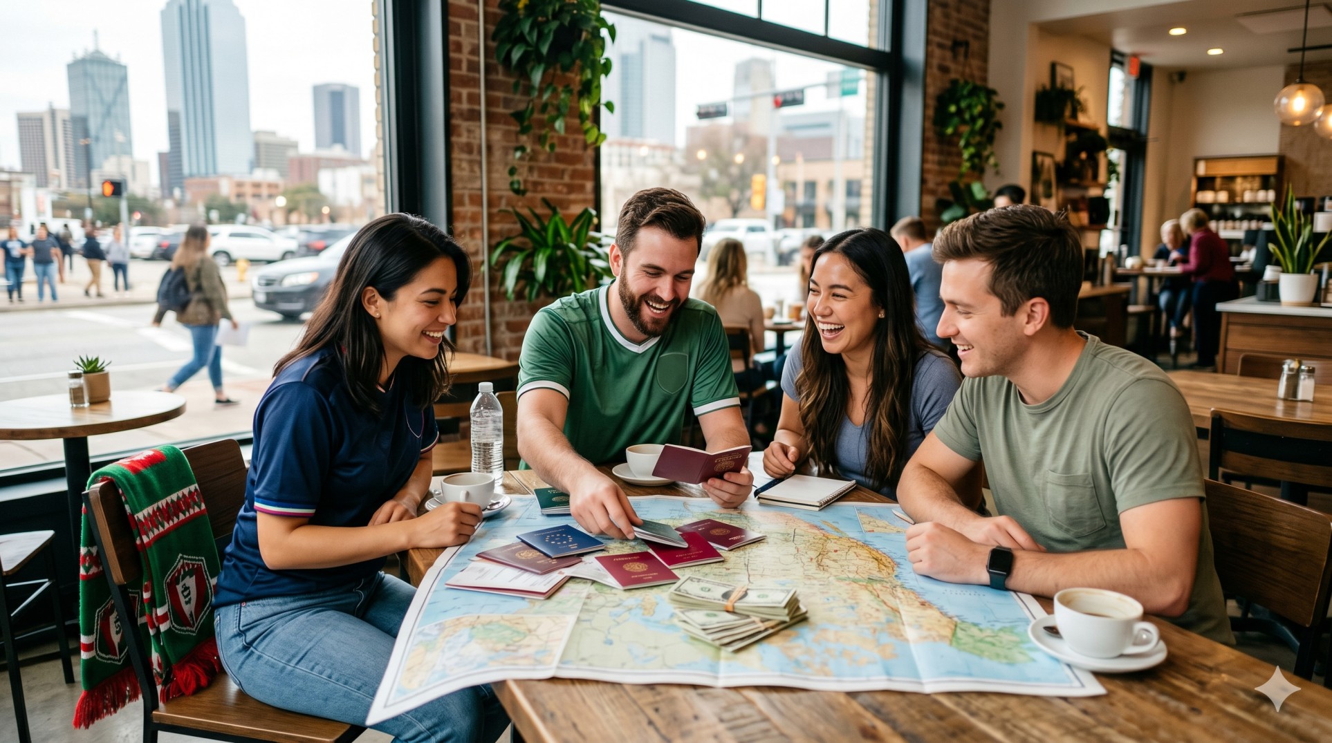   Foreign tourists learning the World Cup border crossing rules while organizing passports and US currency at a cafe. 