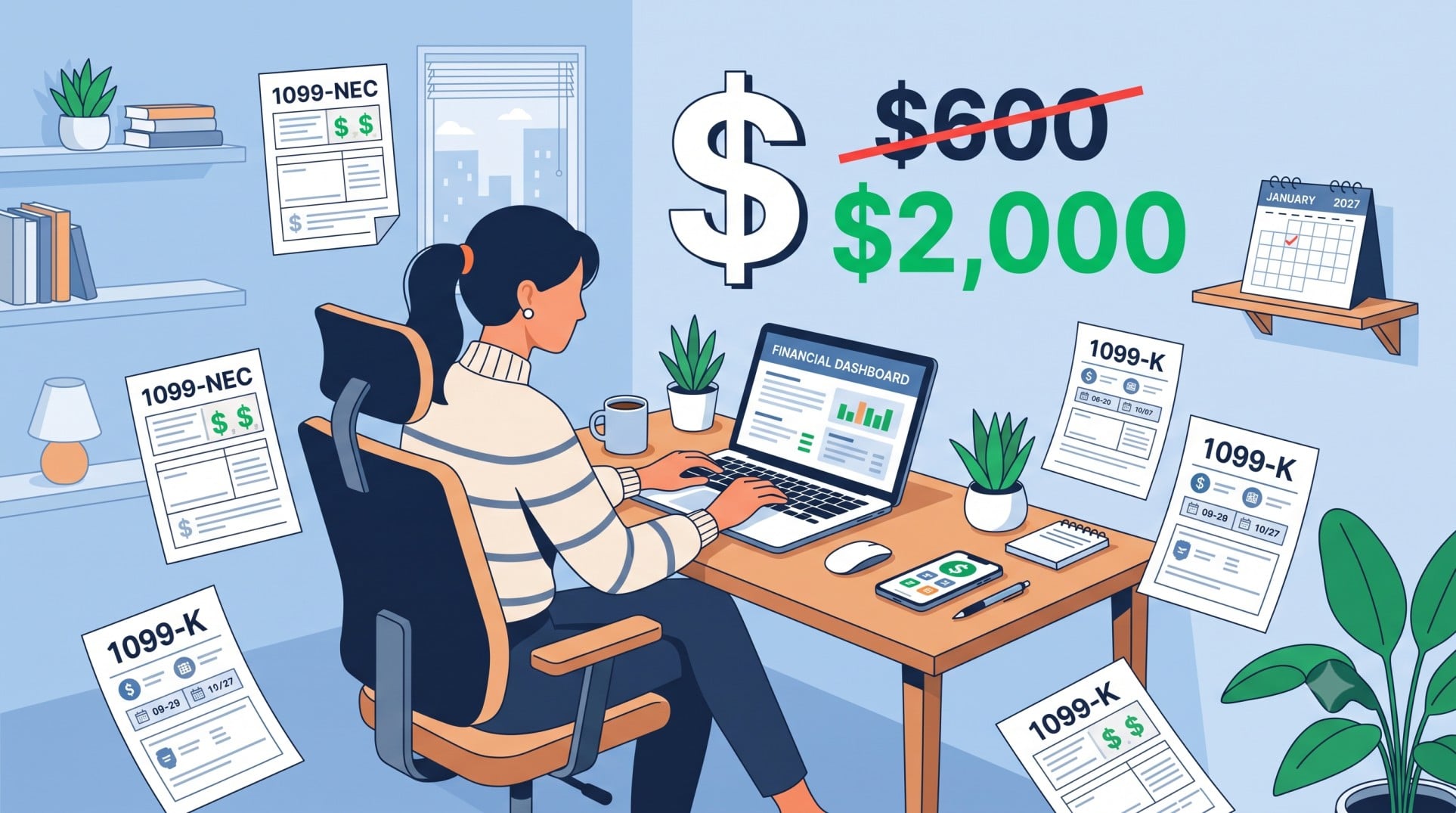 Illustration showing 2026 1099-NEC threshold increase from $600 to $2,000 for freelancers and gig workers filing in 2027.