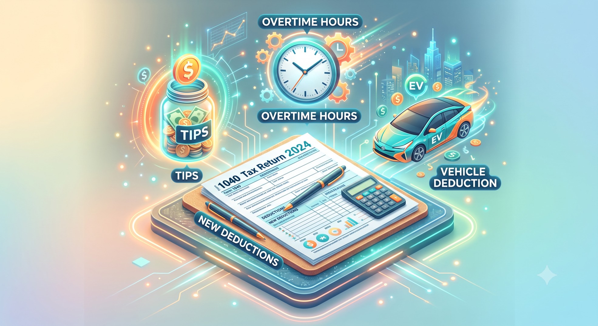 3D icons representing tax deductions for tips, overtime pay, and auto loans