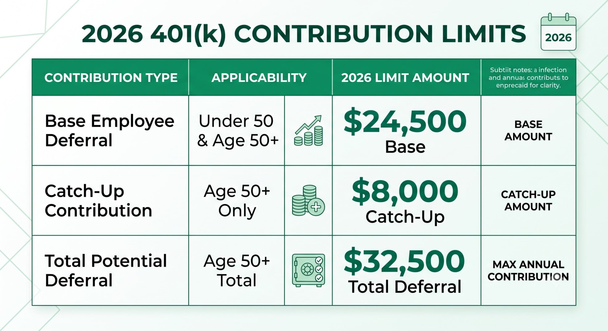 Chart displaying the 2026 401(k) contribution limits including standard and super catch-ups.