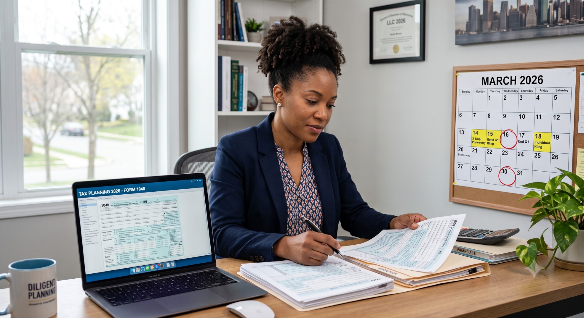 Small business owner reviewing financial documents and a calendar for 2026 estimated taxes