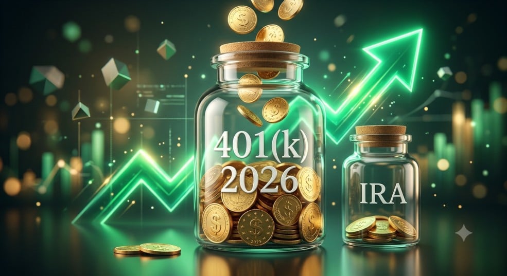 Glass jars filling with coins representing 2026 retirement contribution limits.