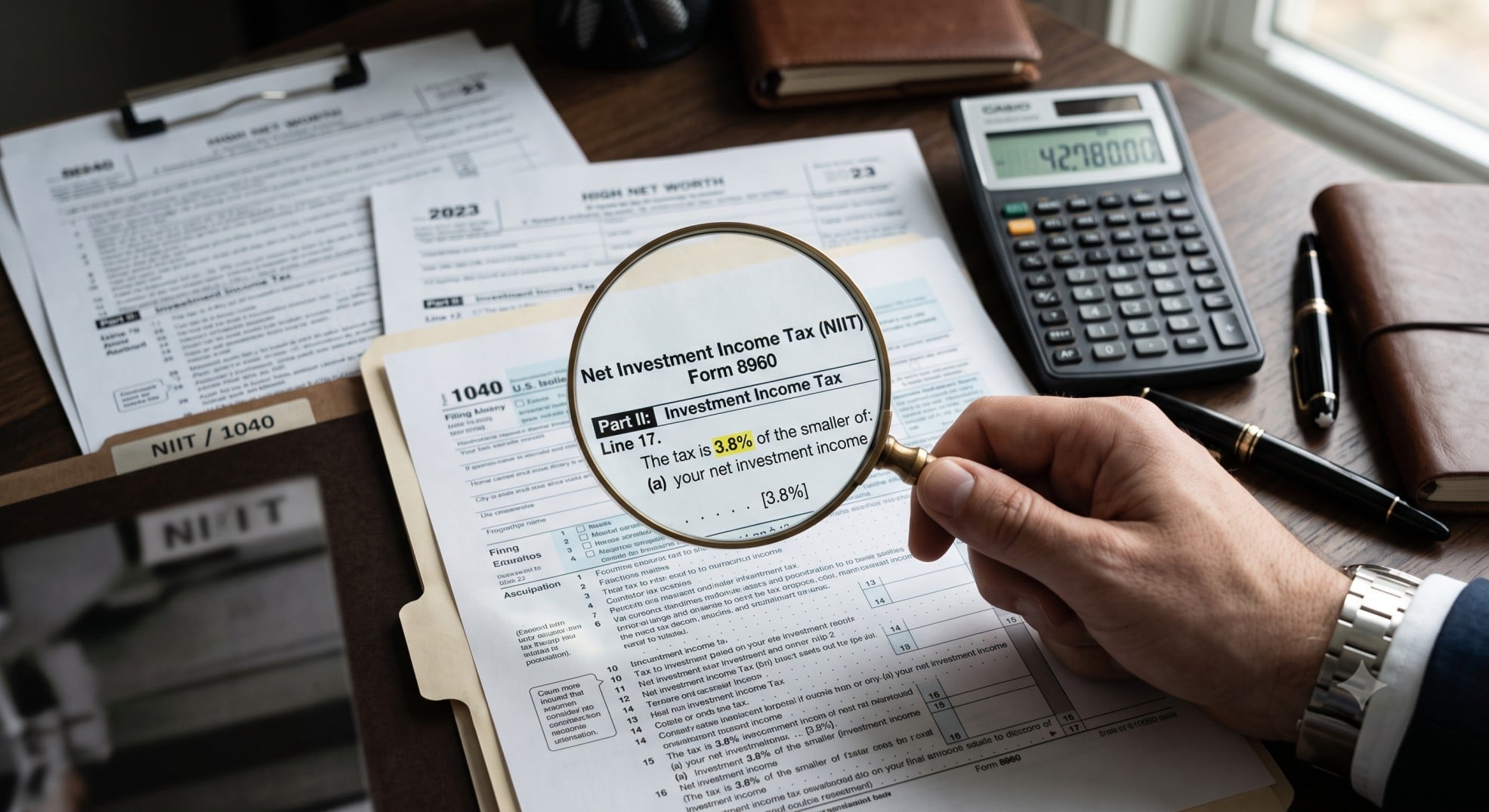A magnifying glass over a tax form highlighting the 3.8% NIIT, symbolizing hidden taxes for high-net-worth individuals.