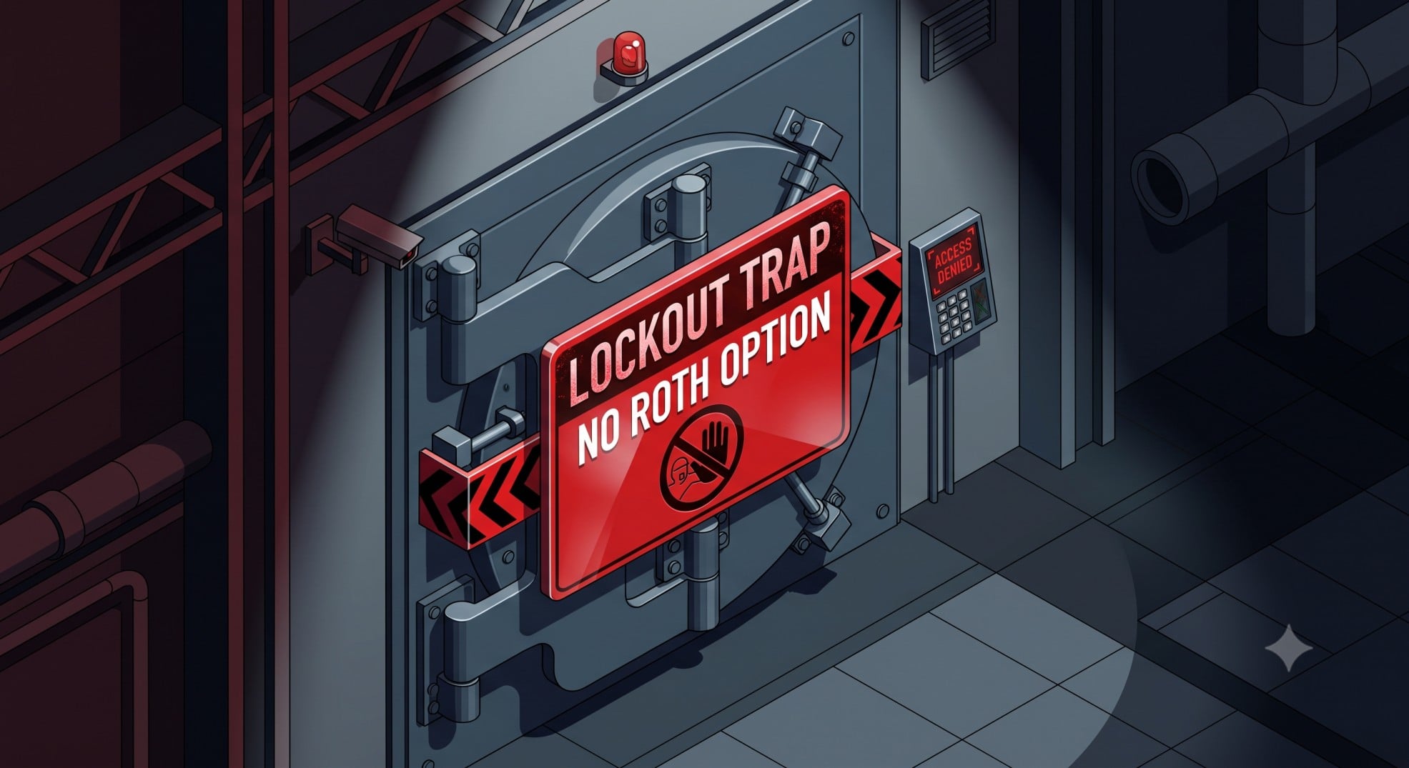 3D illustration representing the 401(k) lockout trap for plans without a Roth option.
