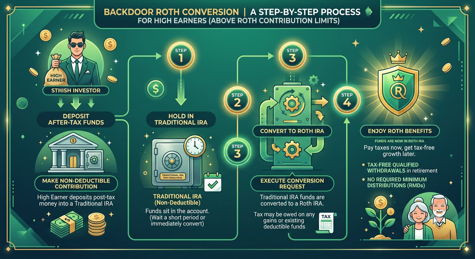 Step-by-step flowchart illustrating the Backdoor Roth conversion process