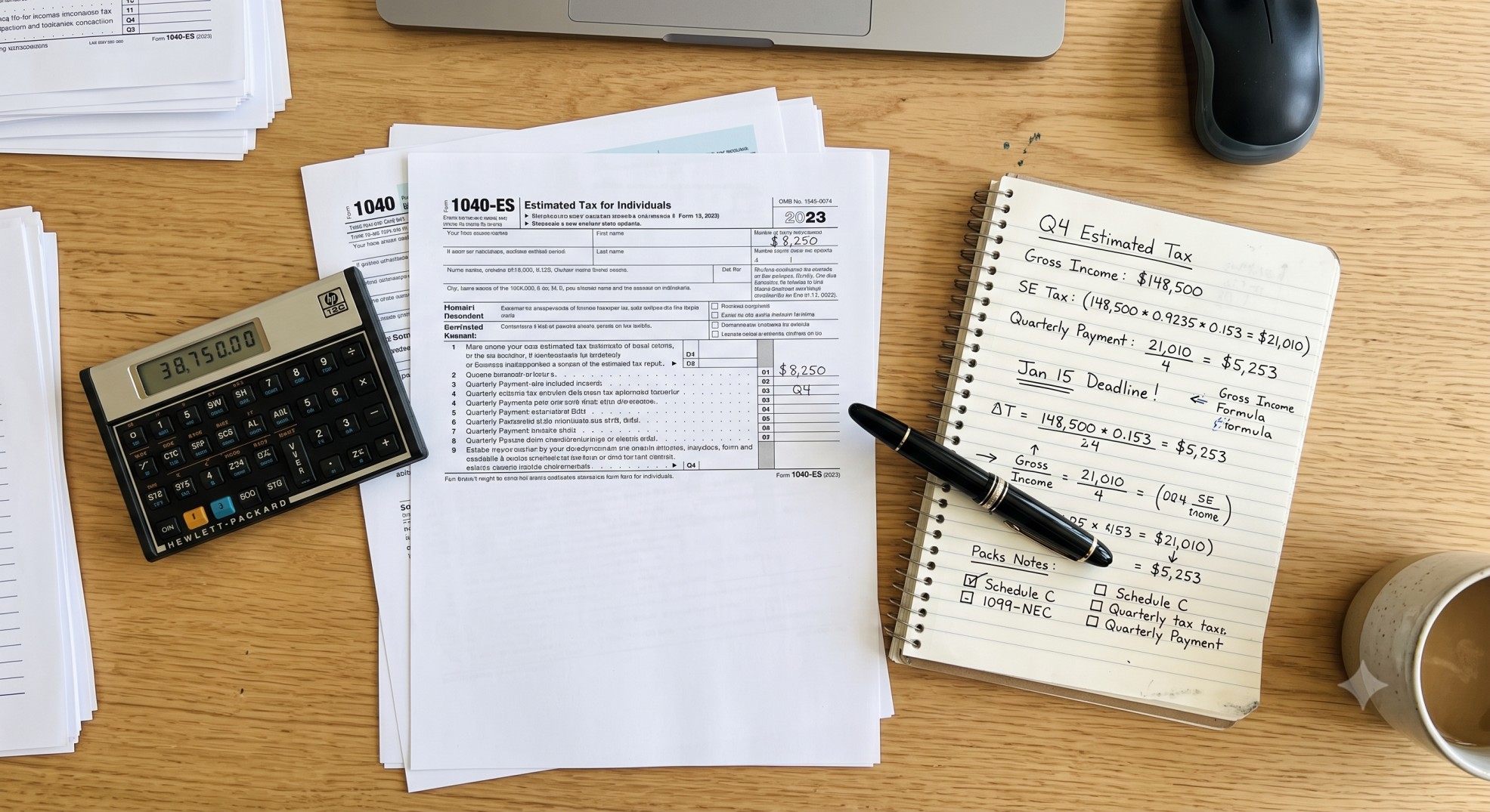 Calculator and tax forms used for computing 2026 estimated taxes and self-employment tax