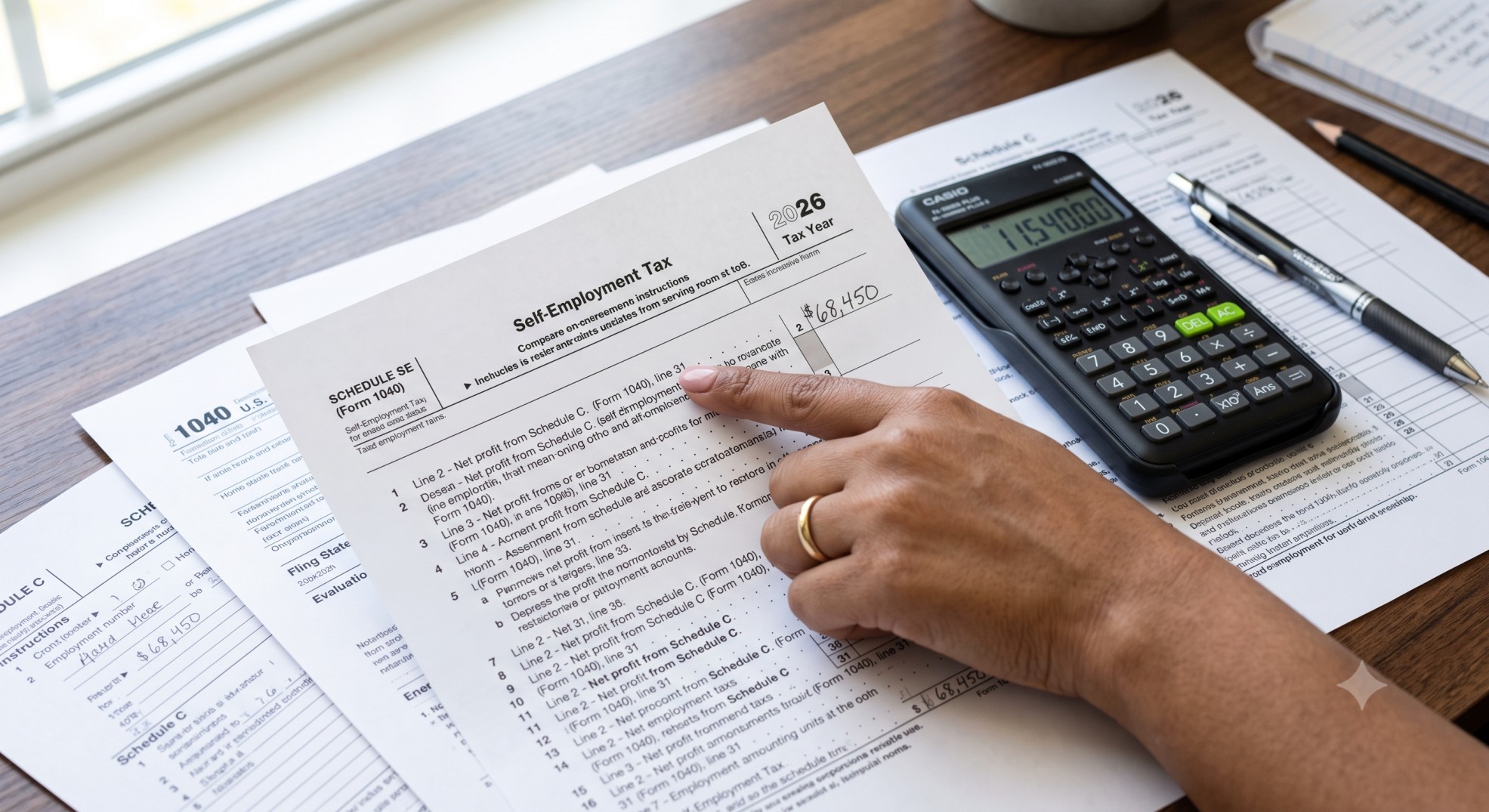 Tax forms and calculator used to determine self-employment tax 2026 liability