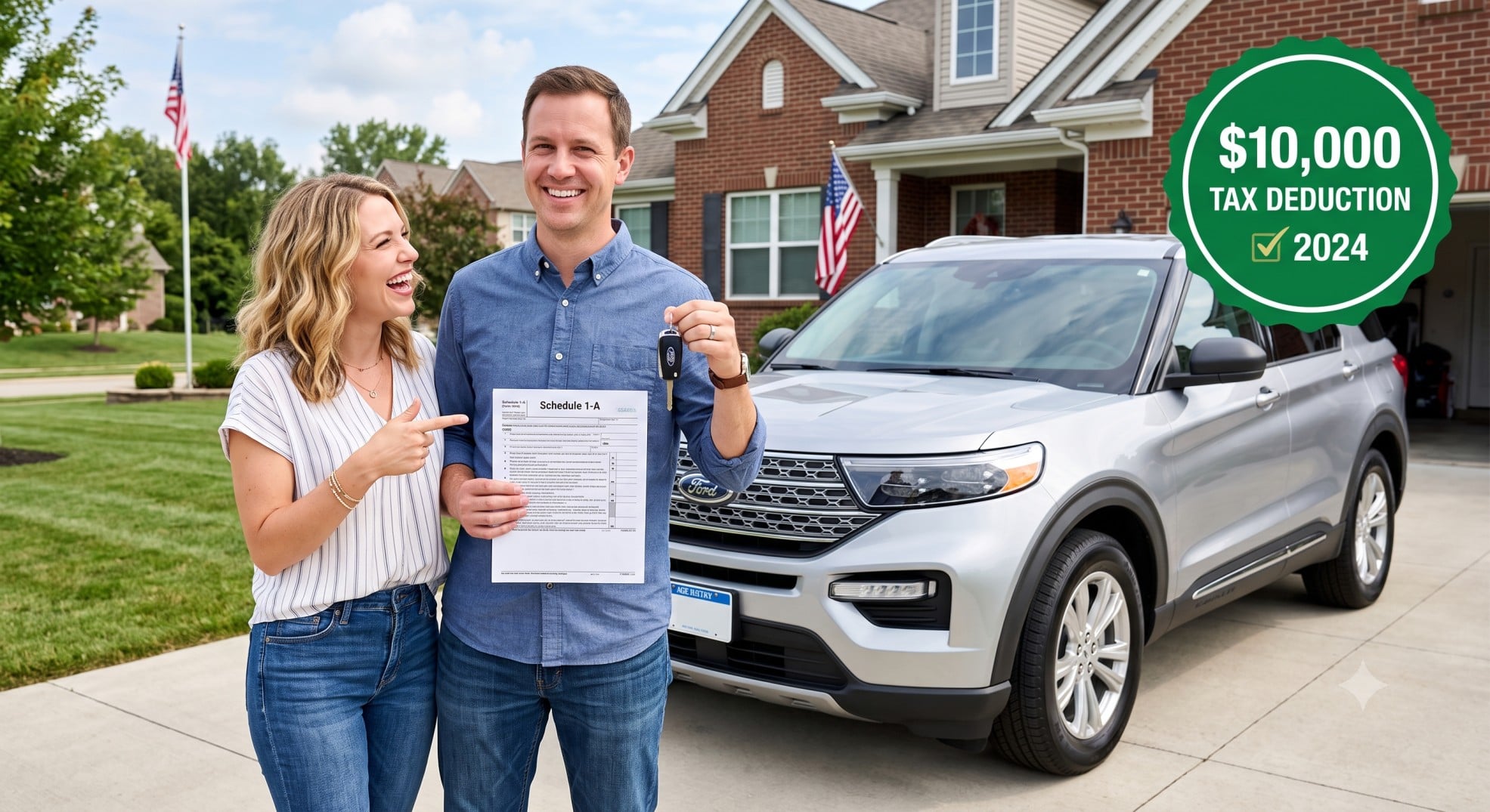 Car loan interest deduction 2026 — American couple with new US-assembled vehicle holding Schedule 1-A tax form for OBBBA auto loan tax deduction