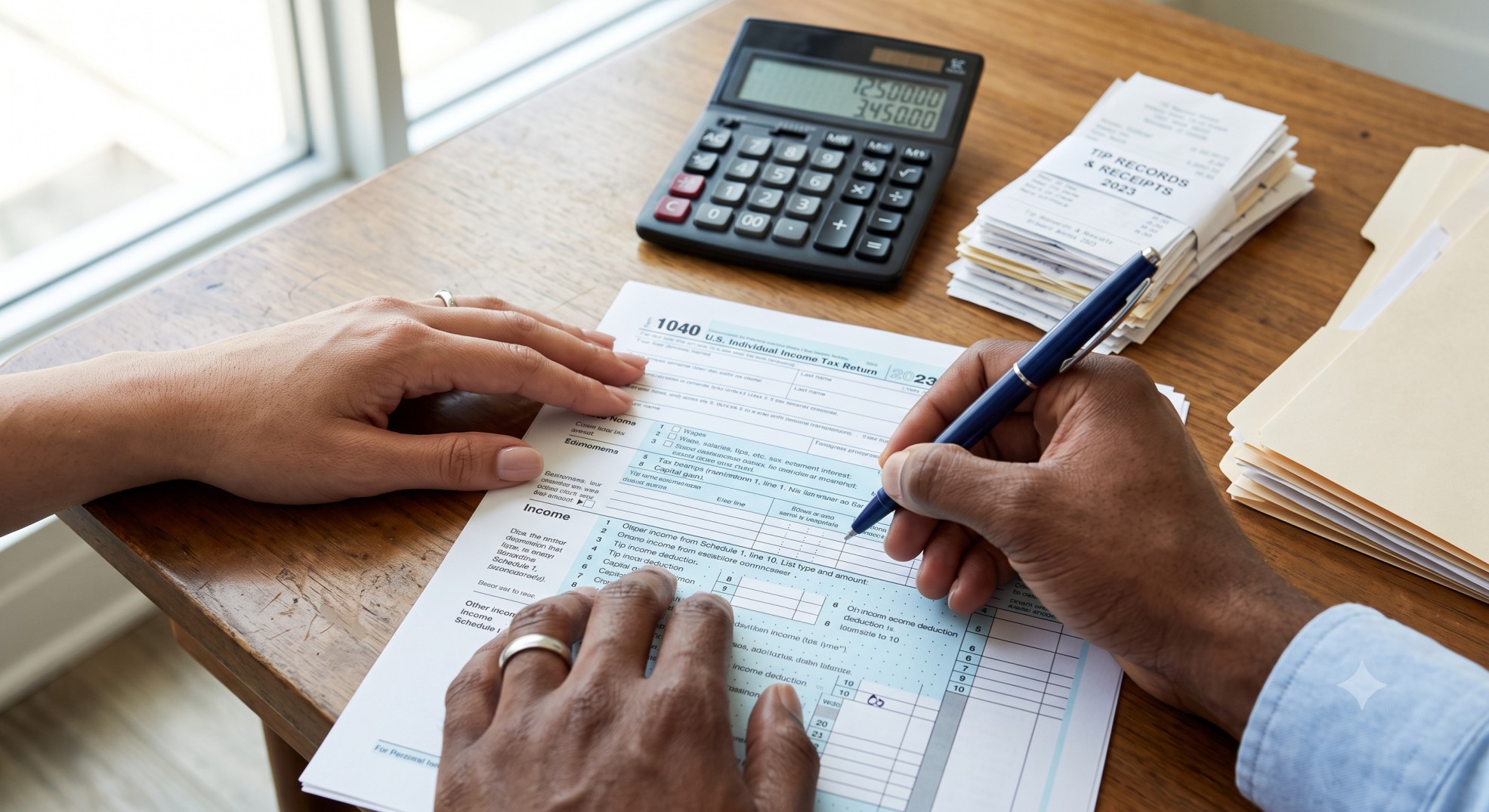 Close-up of hands filling out a tax form, specifically highlighting the section to claim tip income deduction.