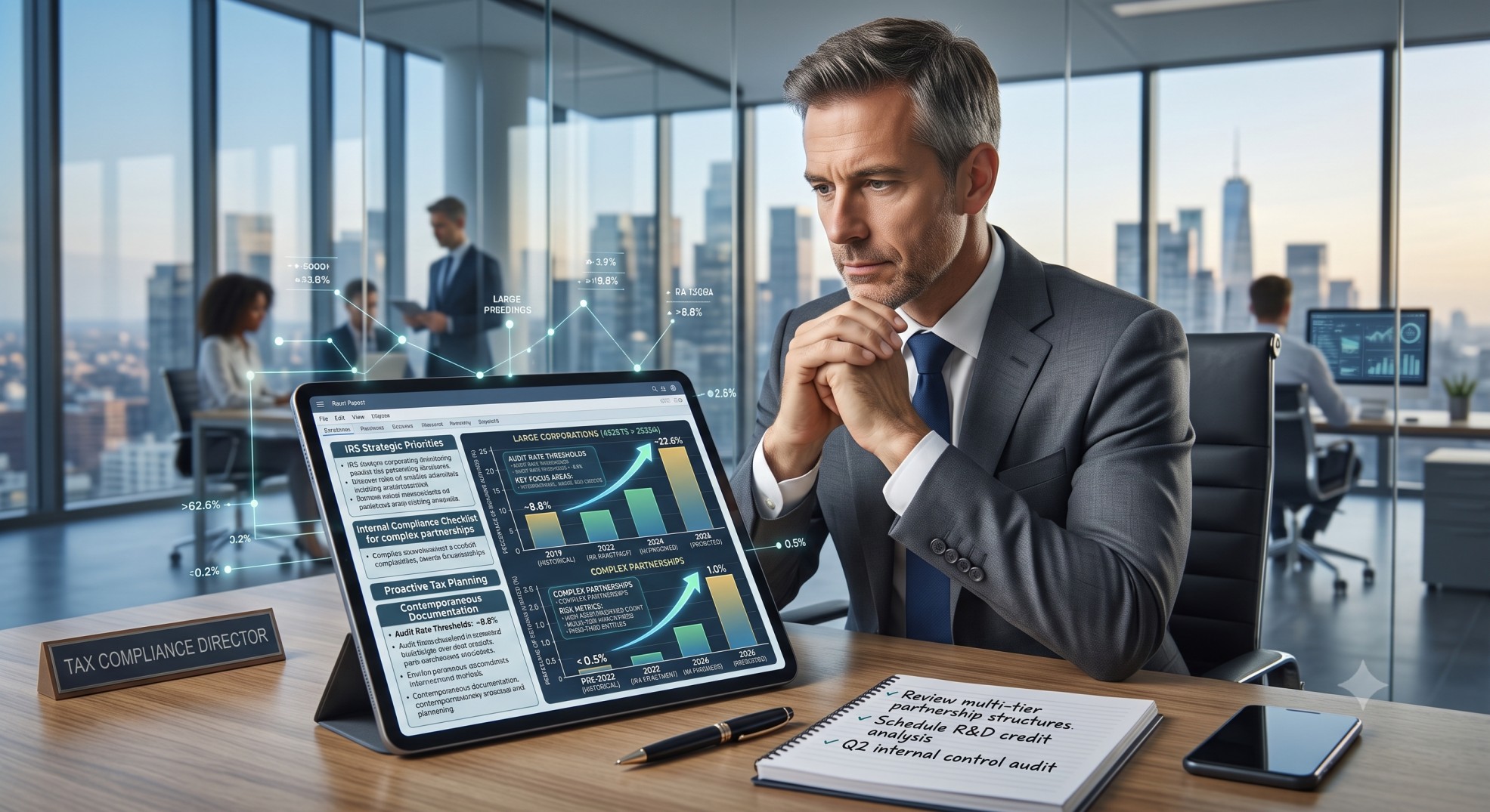 A corporate executive reviewing a complex financial report, emphasizing strategic corporate tax compliance.