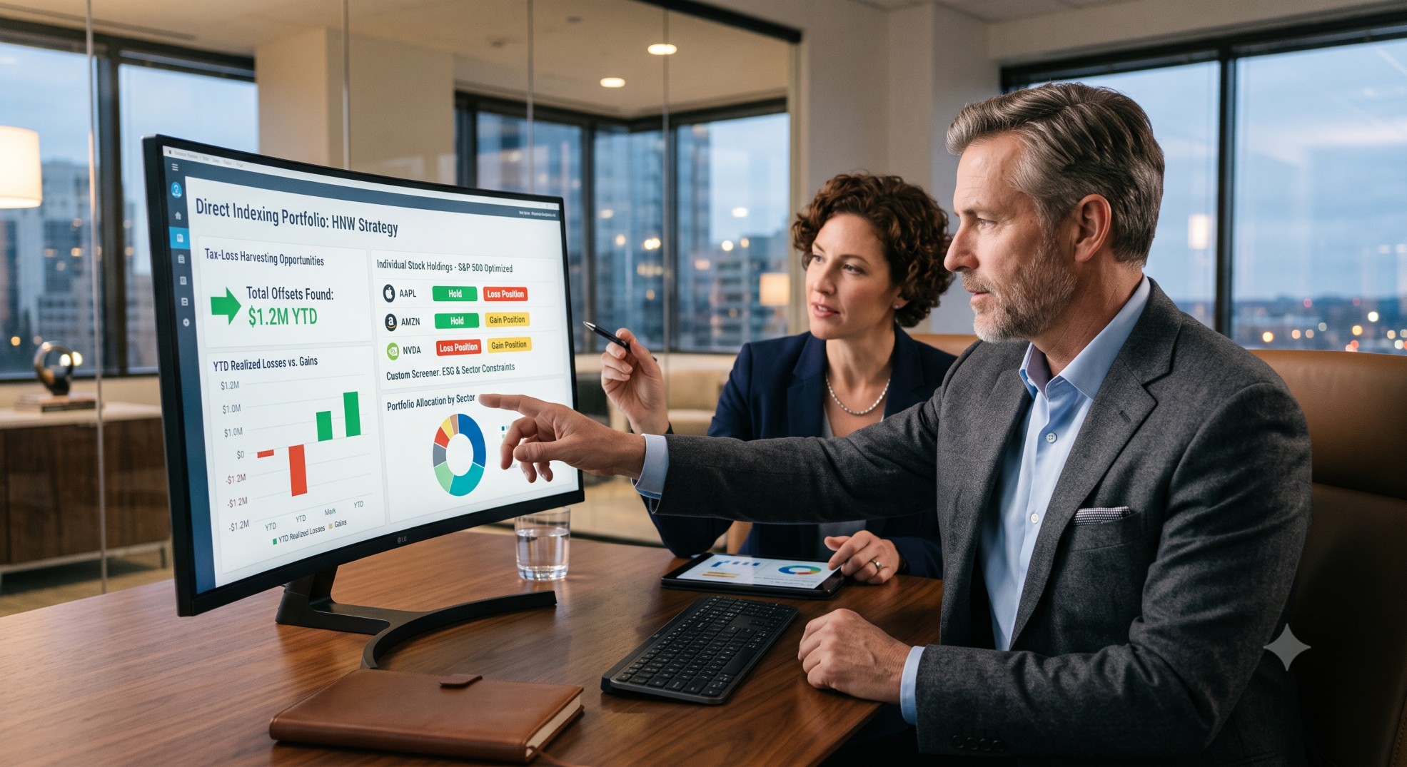 A high-net-worth individual reviewing investment documents with a financial advisor, illustrating complex financial planning and tax strategies for direct indexing high net worth.
