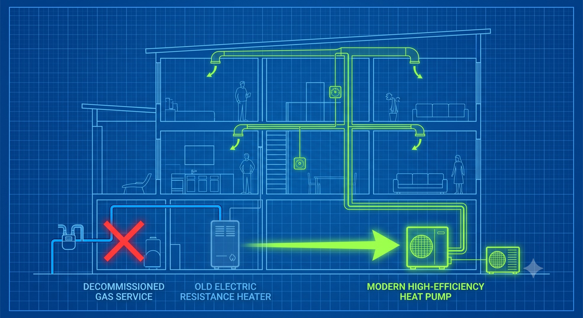 Diagram showing approved electric-to-electric HVAC upgrades under new federal rules.