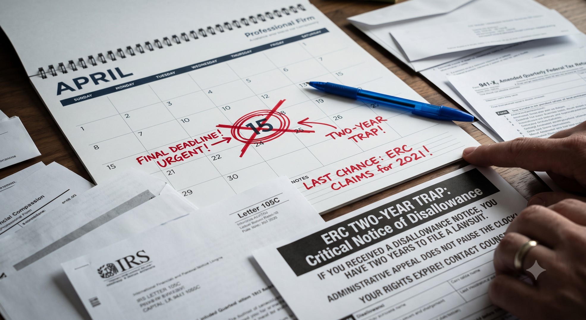 Calendar with a red circle highlighting a tax deadline date representing the urgency of the ERC two-year refund lawsuit filing window in federal court