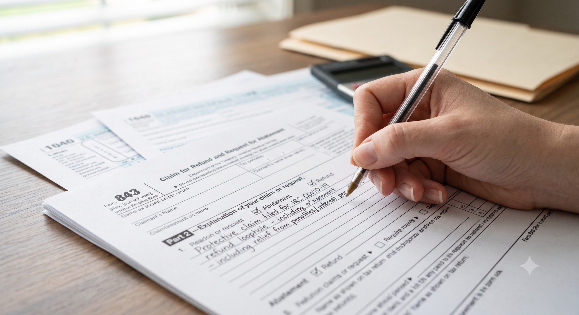 A hand filling out IRS Form 843 to file a protective claim under the IRS COVID refund loophole.