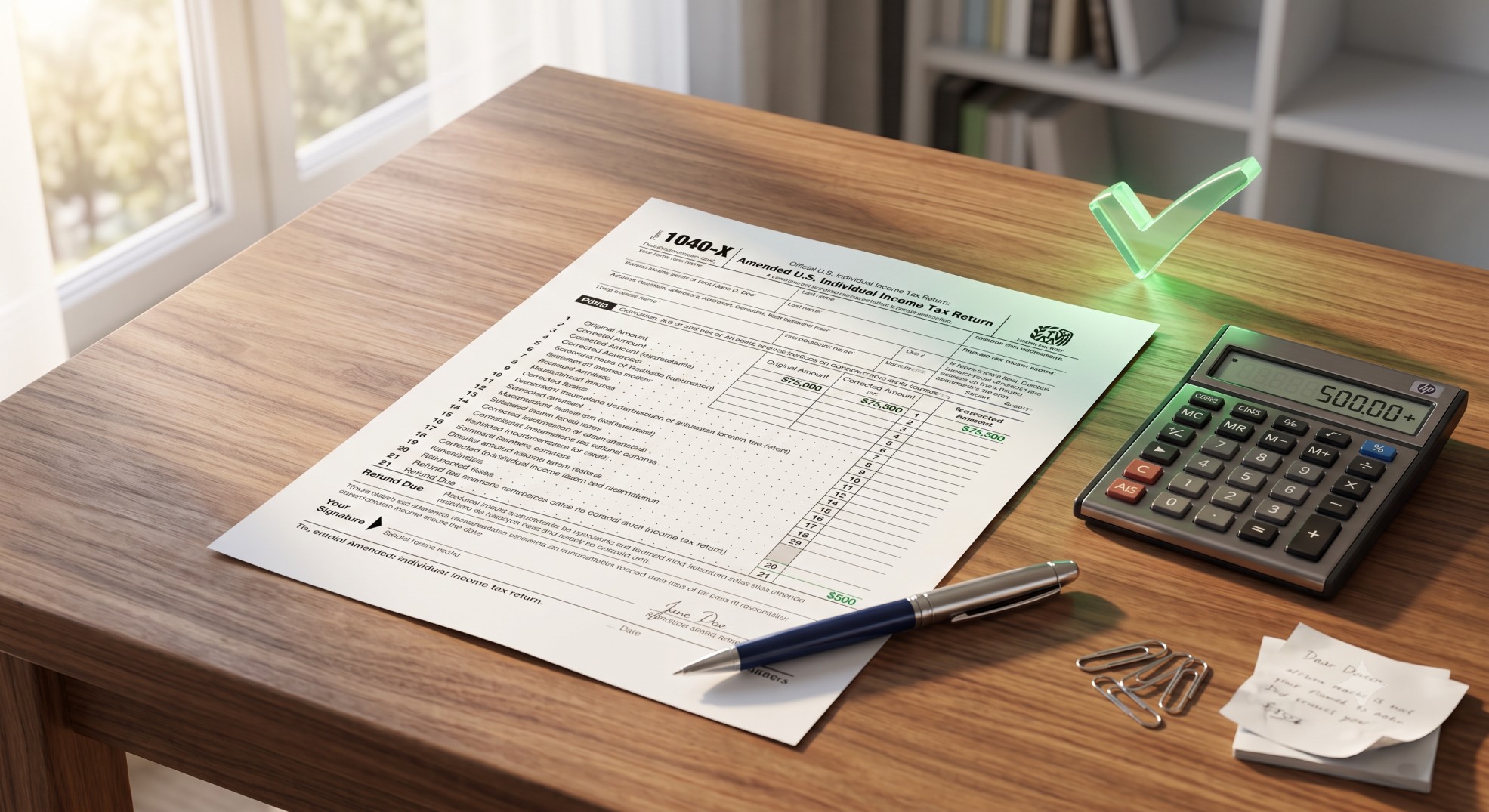 3D render of an amended tax return form next to a calculator.