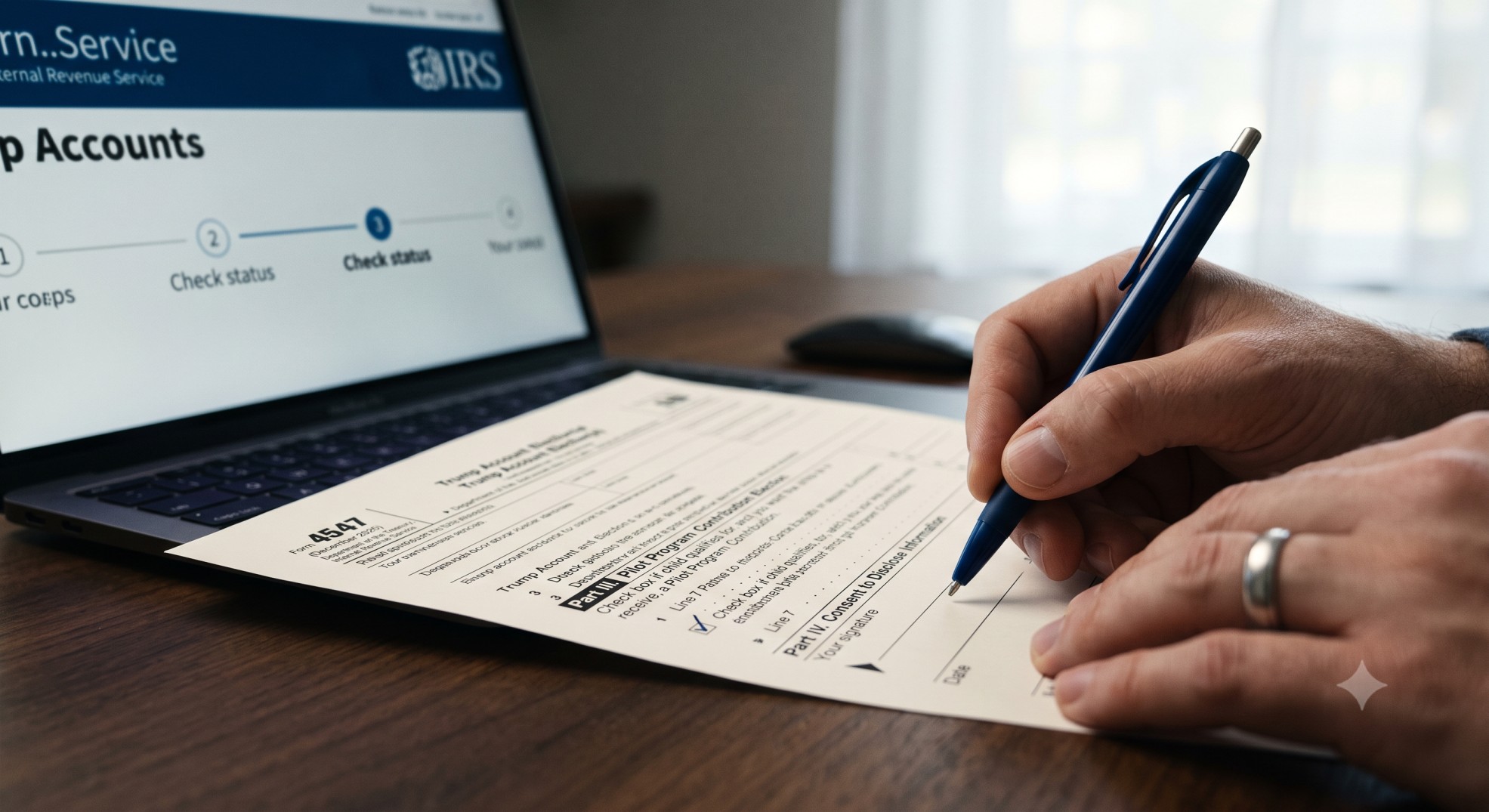 A close-up of a hand filling out Form 4547, Trump Account Election, with a pen and a laptop in the background.