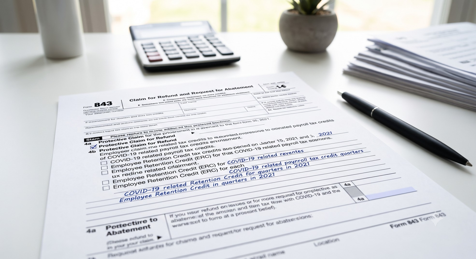 Filling out IRS Form 843 for a protective claim related to COVID refunds.