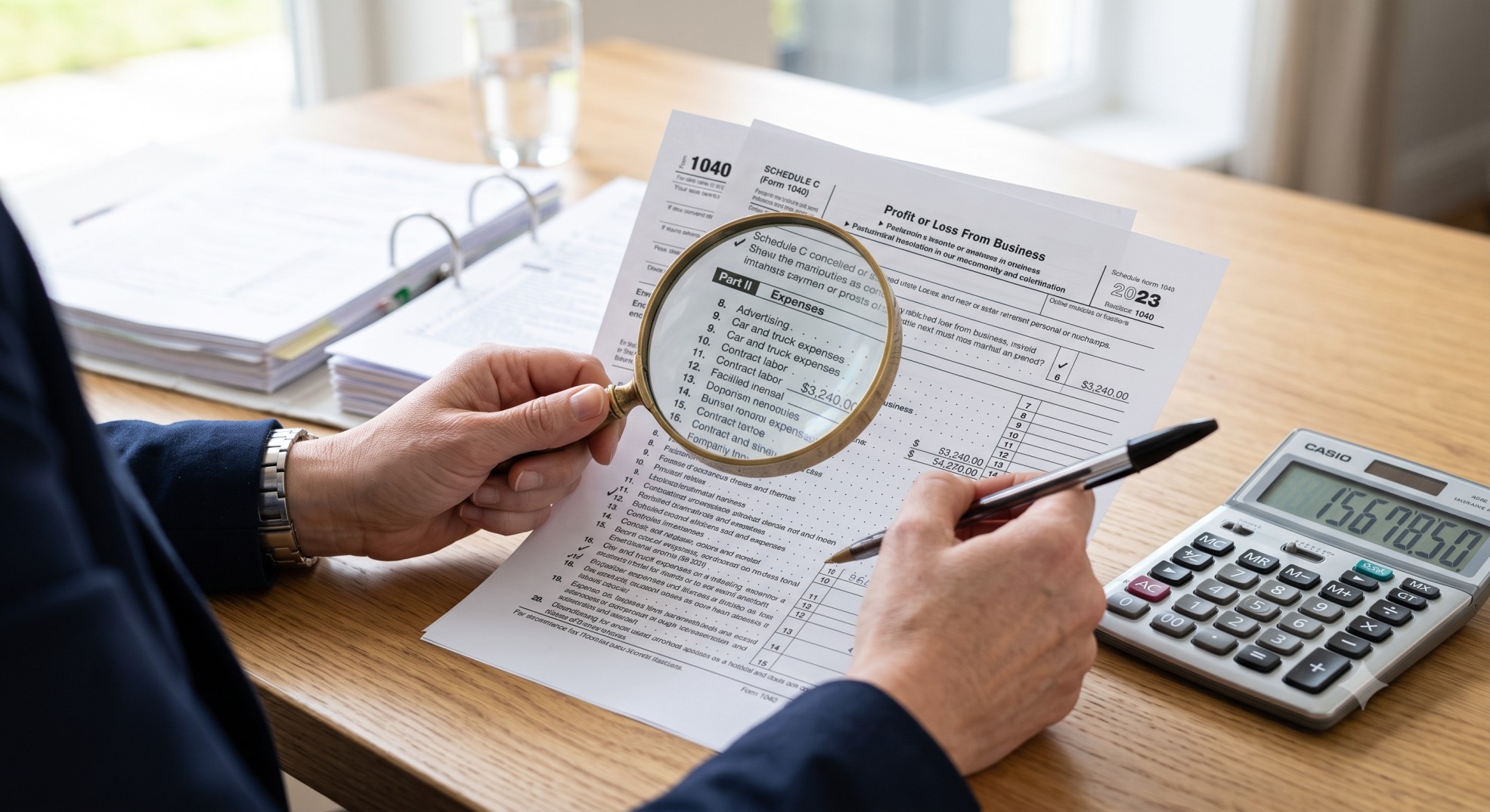 Self-employed professional examining tax forms closely, illustrating the precision required for accurate gig worker tax reporting in 2026