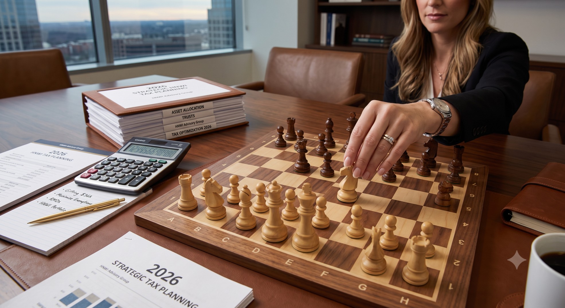 Chess pieces beside financial charts representing strategic 2026 tax planning decisions