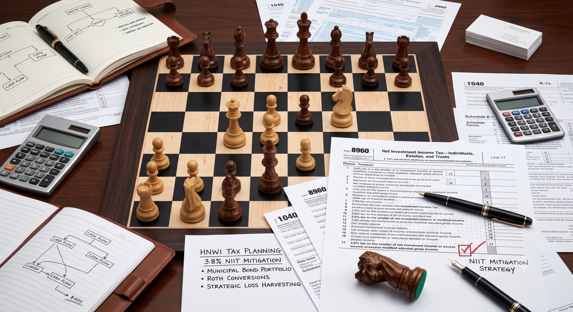 A chess board with tax documents, symbolizing strategic tax planning for high-net-worth individuals.