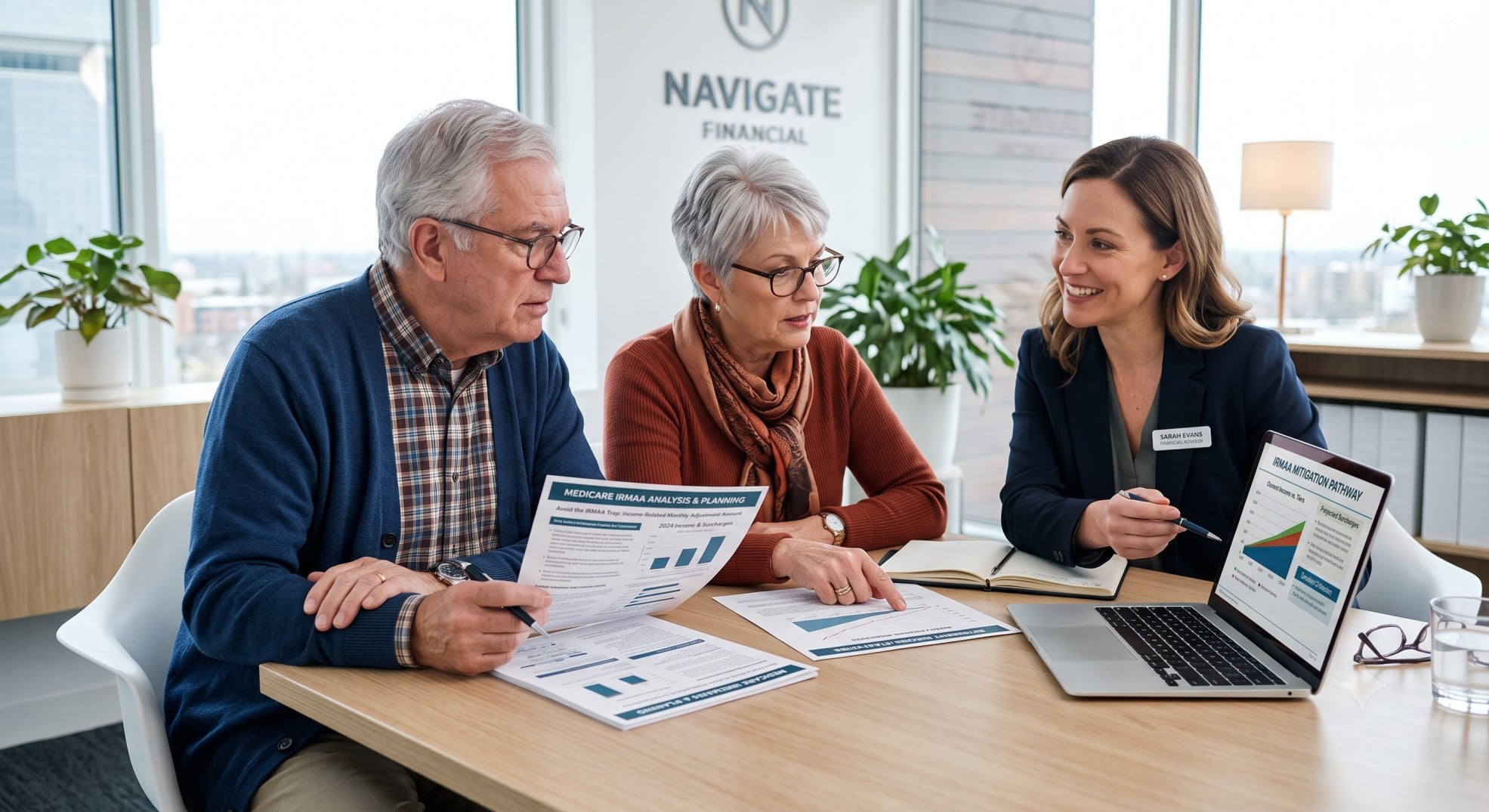 Older adult couple reviewing retirement paperwork with a financial advisor to avoid the IRMAA tax trap