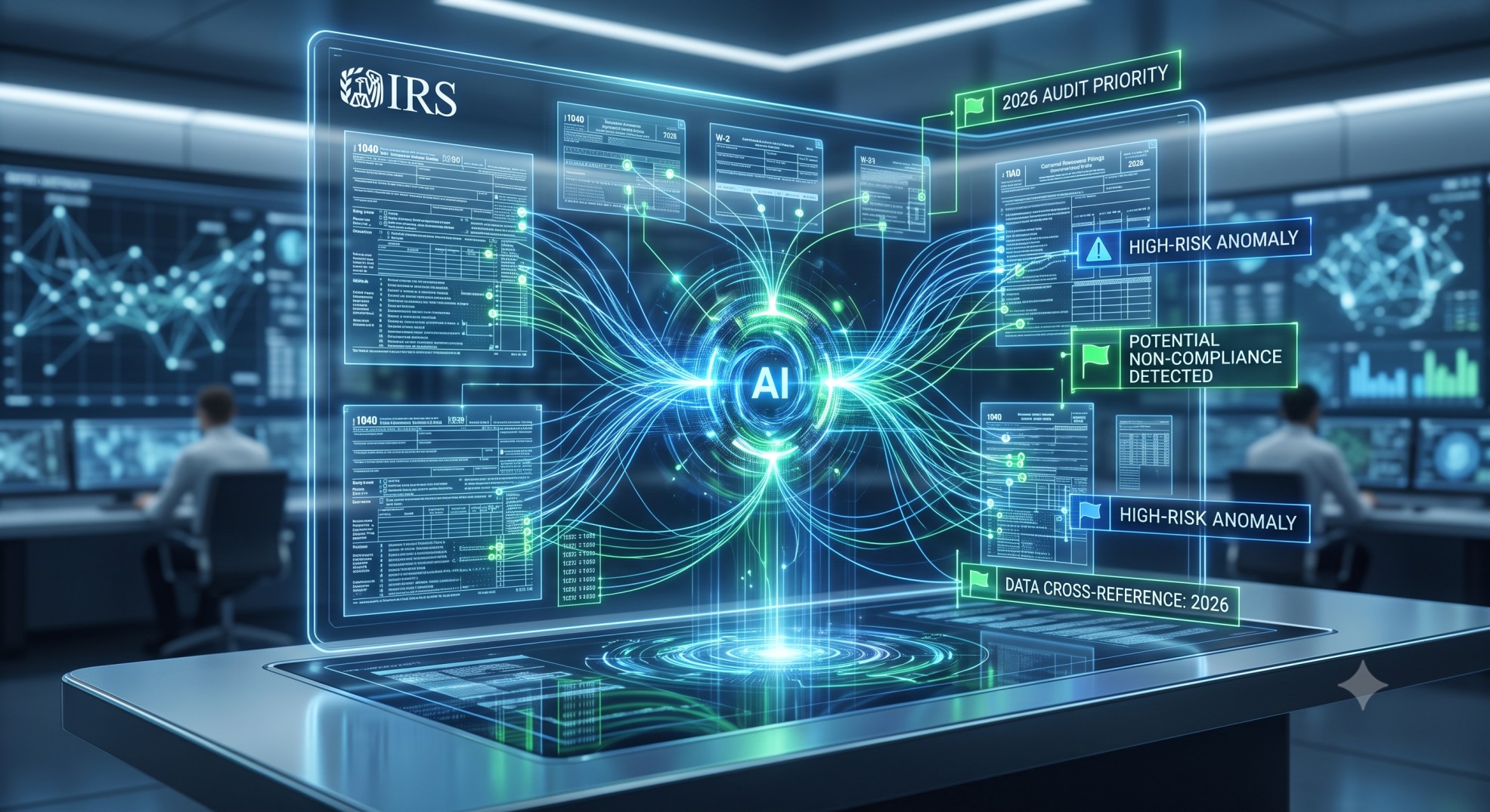 Digital representation of IRS data analytics and AI scanning tax documents, illustrating increased scrutiny and IRS audit priorities for 2026.