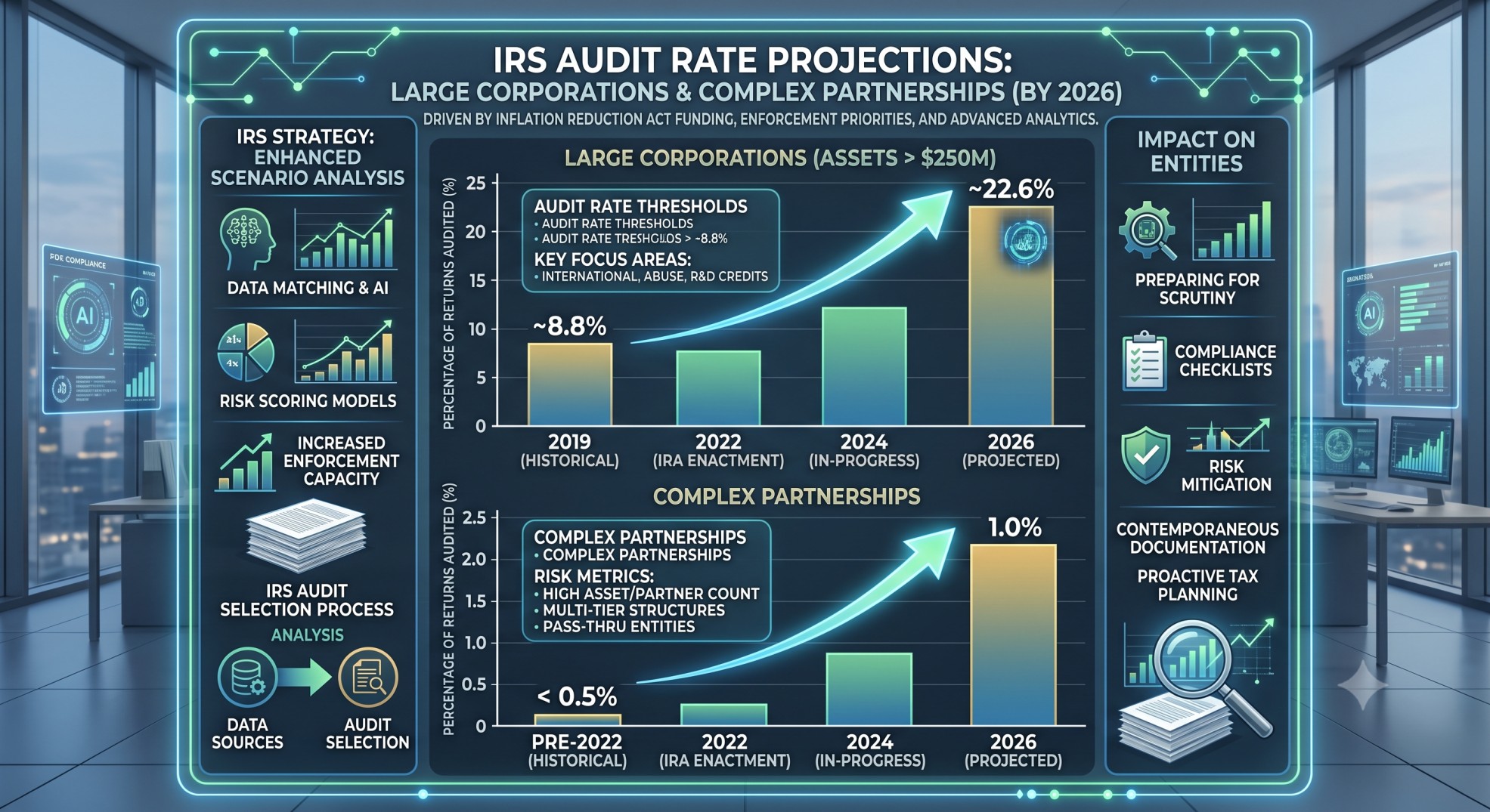 A chart showing projected IRS audit rate increases for large corporations and partnerships, highlighting 2026 IRS audit thresholds.