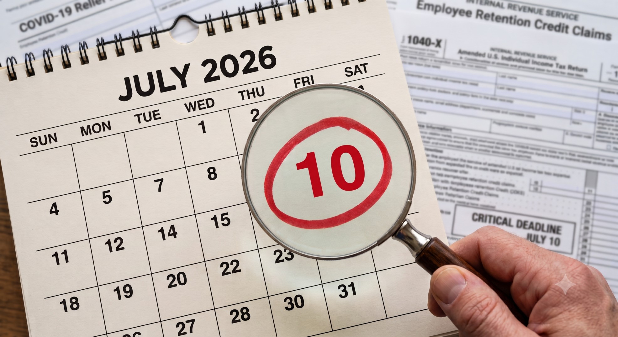 A calendar with July 10, 2026, circled, emphasizing the urgent tax deadline for COVID-era refunds.