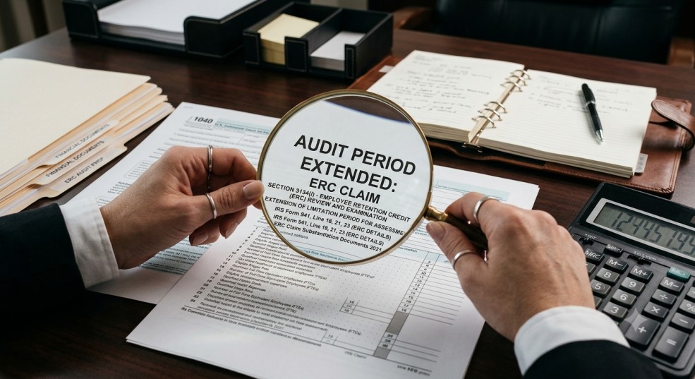 Magnifying glass over IRS ERC tax audit documents representing the extended six-year assessment period under the One Big Beautiful Bill Act OBBBA