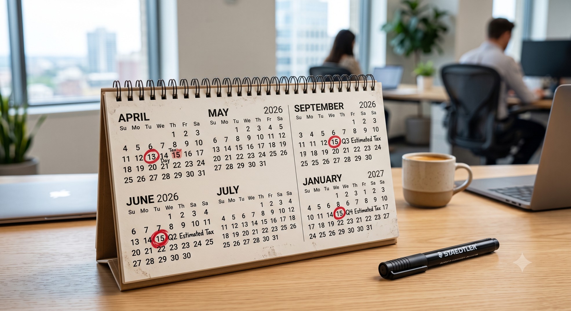 Calendar marked with IRS quarterly tax deadlines 2026 for small business estimated tax payments