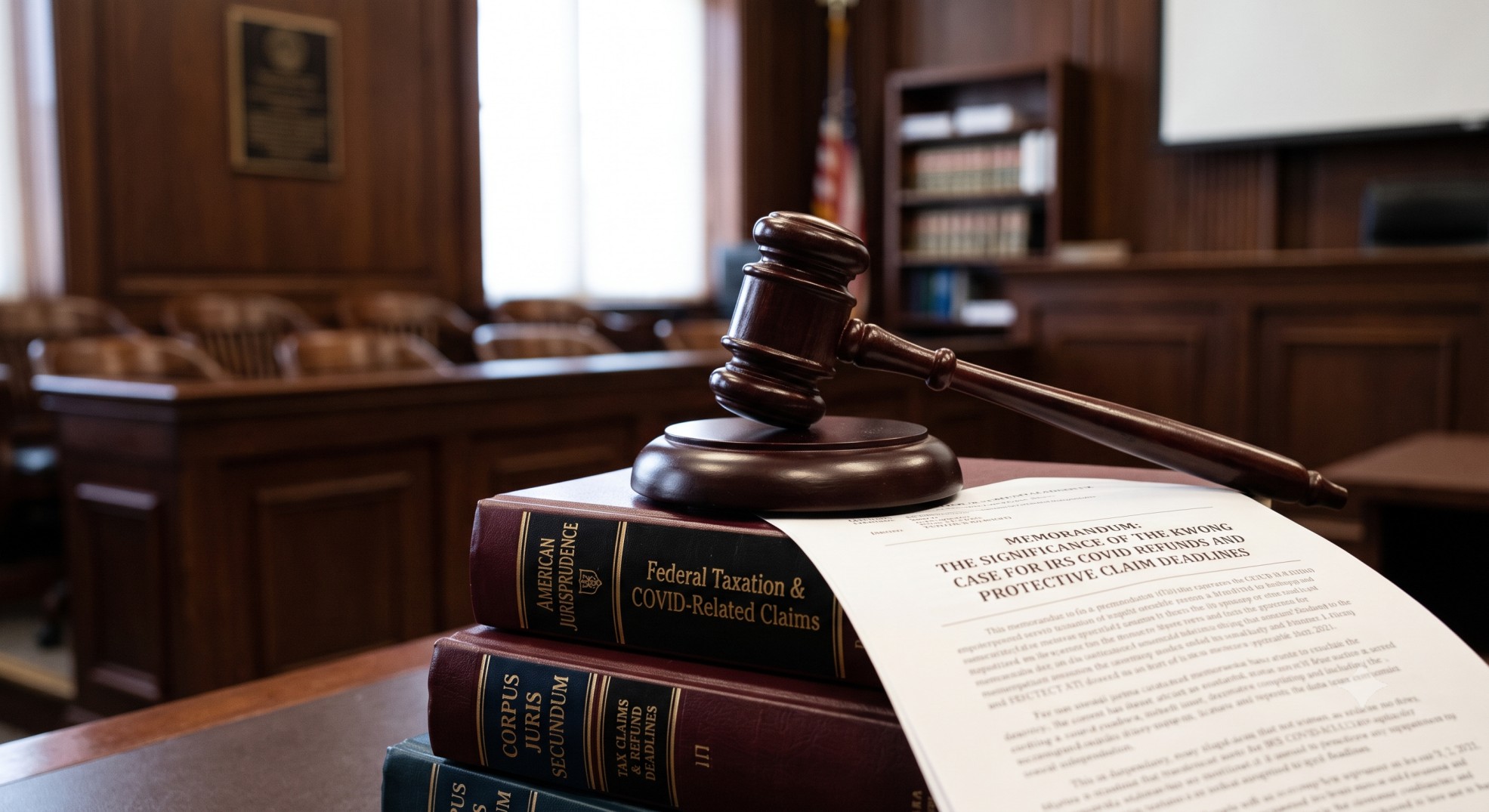 A judge's gavel on law books, symbolizing the Kwong case impact on IRS COVID refunds.