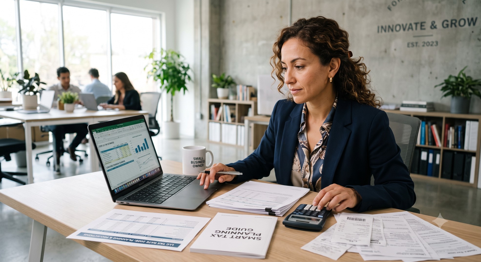 A small business owner reviewing tax documents with a calculator and laptop, representing llc tax rate 2026 and tax planning
