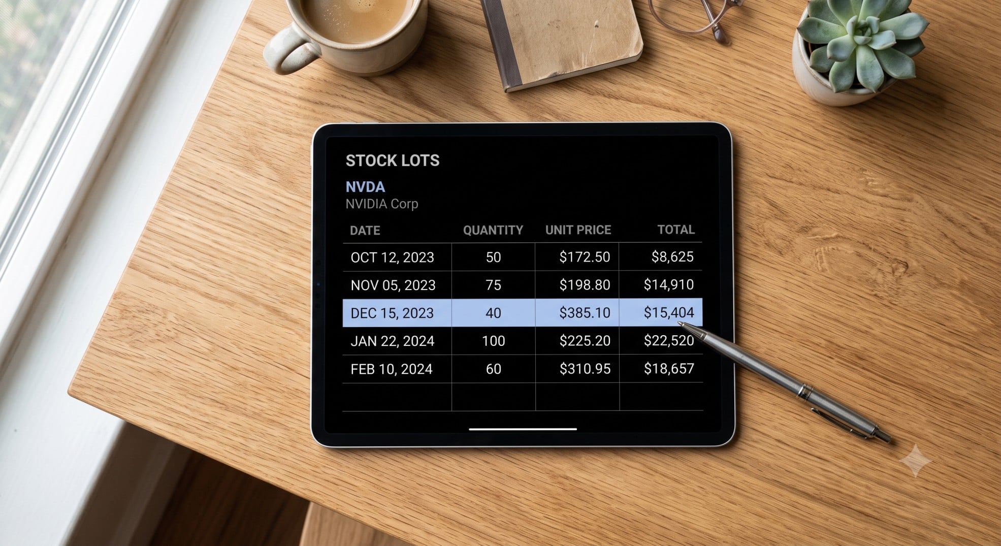 Tablet showing specific identification of stock lots for tax-loss selling.
